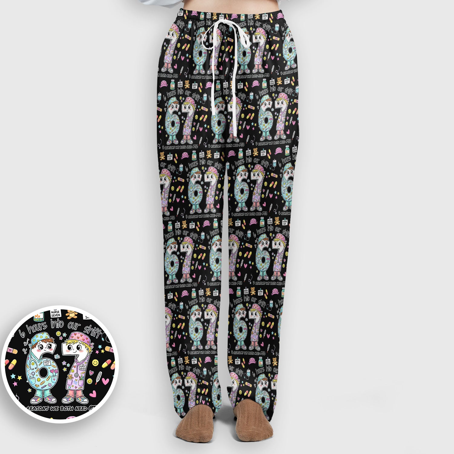 Cartoon Characters Six Hours Into Shift With Medical Doodle Scrub Set, Breathable Med Uniform