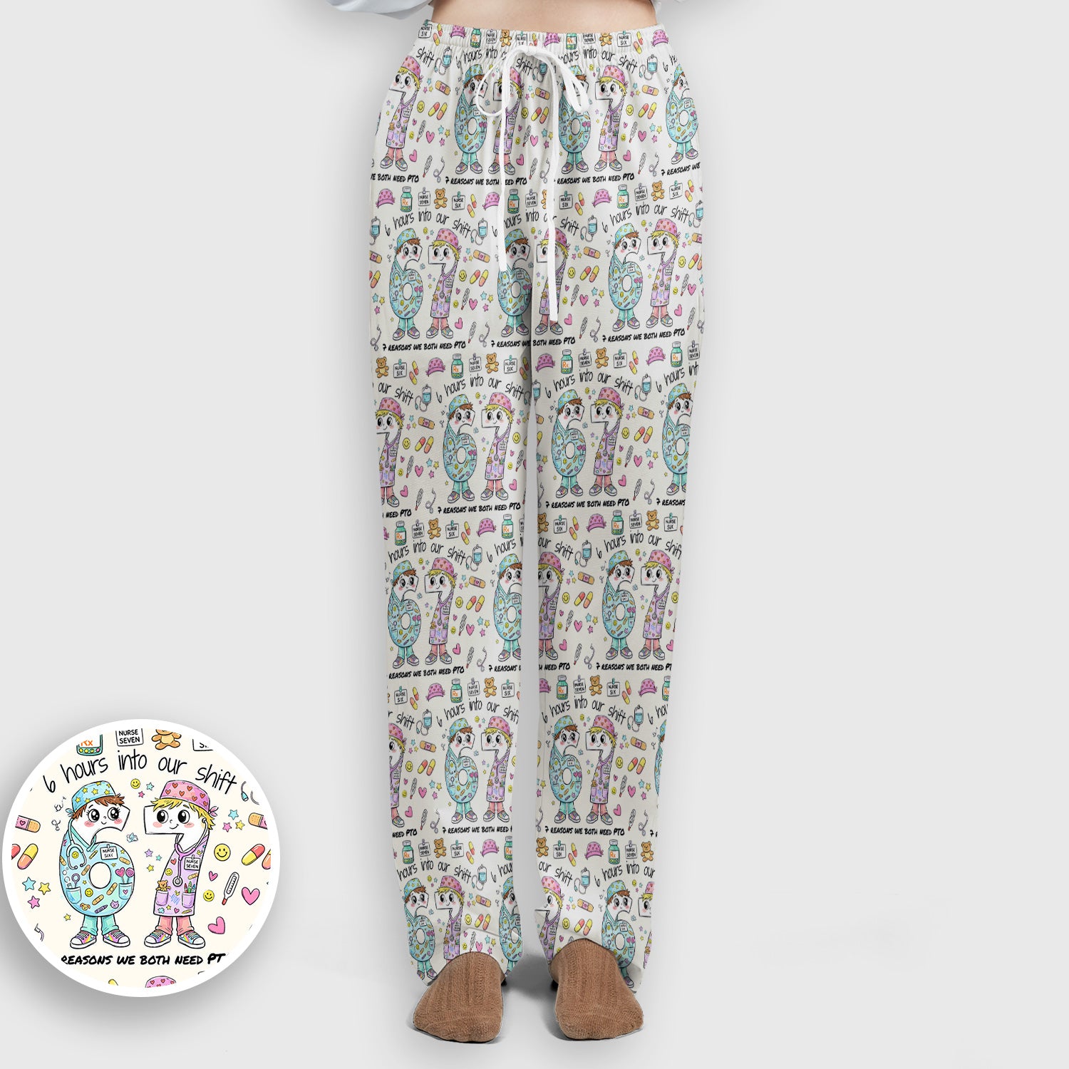 Cartoon Characters Six Hours Into Shift With Medical Doodle Scrub Set, Breathable Med Uniform