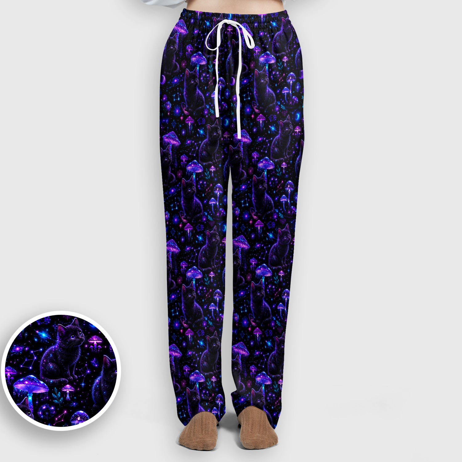 Mystical Black Cat Neon Mushroom Print Scrub Set, Scrub Pants and V Neck Top