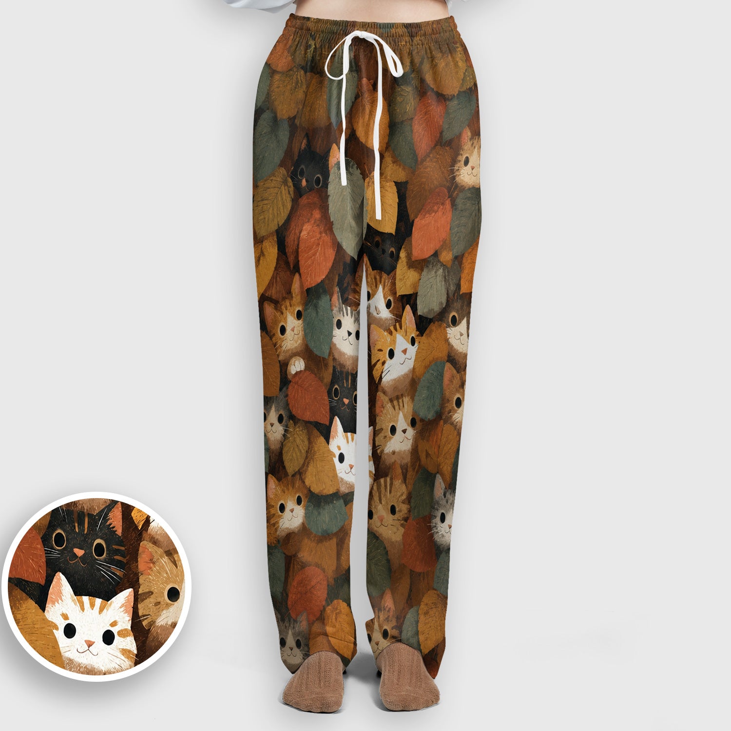 Cute Autumn Cat Leaf Pile Pattern Scrub Set, Scrub Pants and V Neck Top