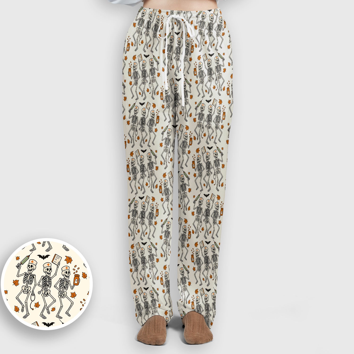 Funny Halloween Skeleton Pattern Scrub Set, Scrub Pants and V Neck Top