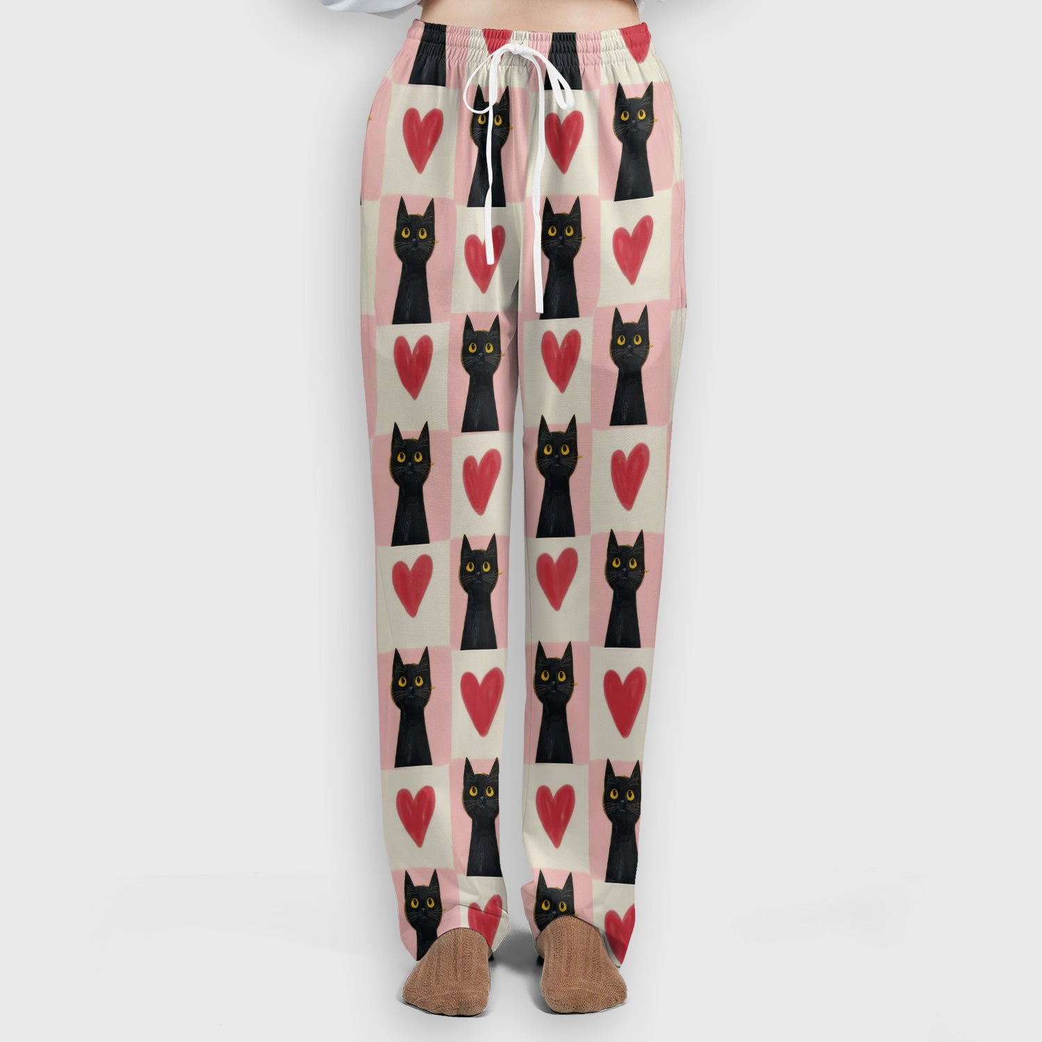 Cute Black Cat Heart Print Medical Scrub Set V Neck, Nursing Uniform