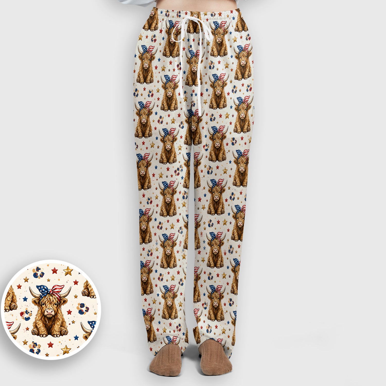 Patriotic Highland Cow Nurse for RN & CNA, Americana Farm Animal Healthcare Workers Medical Uniform Scrub Set, Scrub Pants and V Neck Top