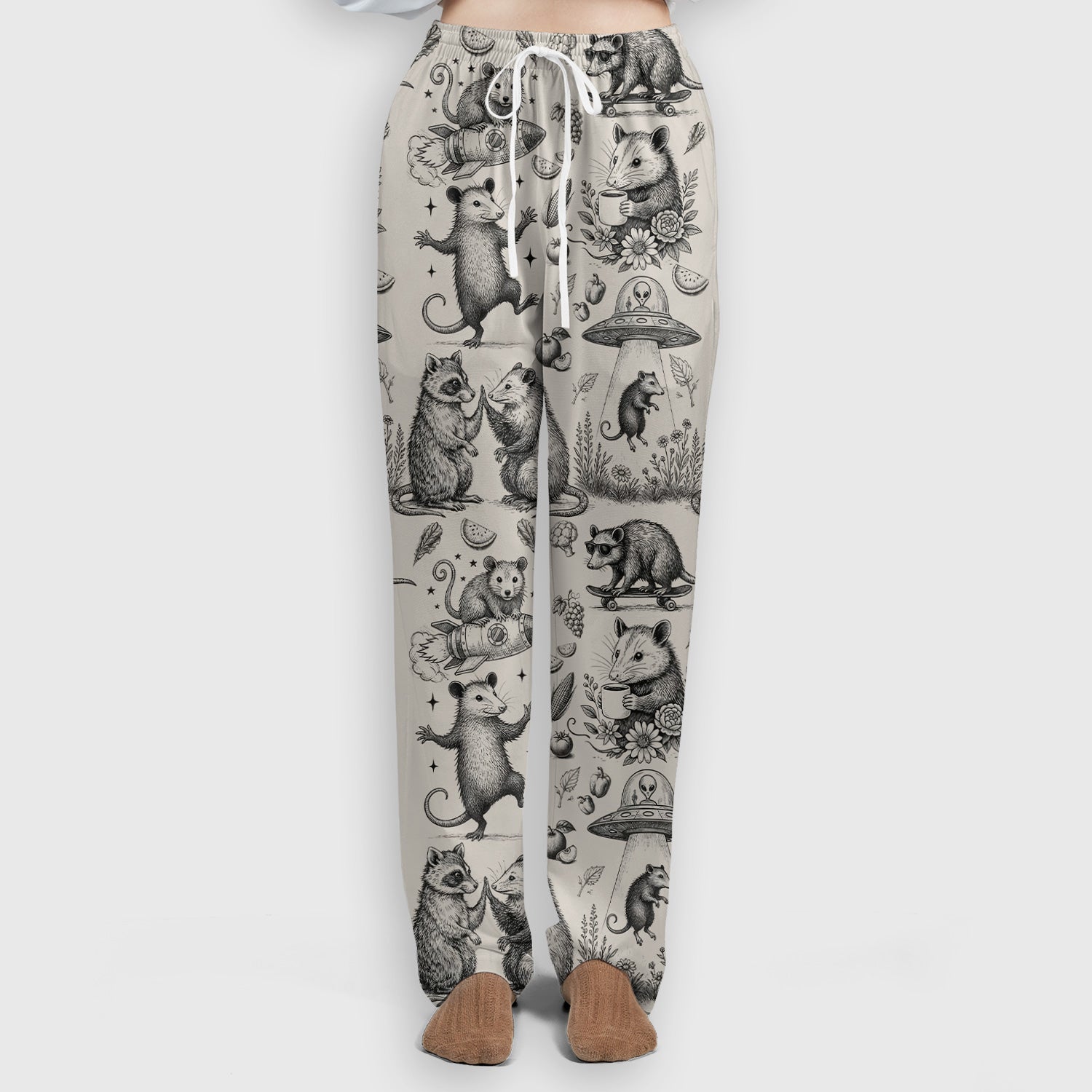 Funny Nurse Vintage Possum Raccoon High Five UFO Pattern Scrub Set, Scrub Pants and V Neck Top