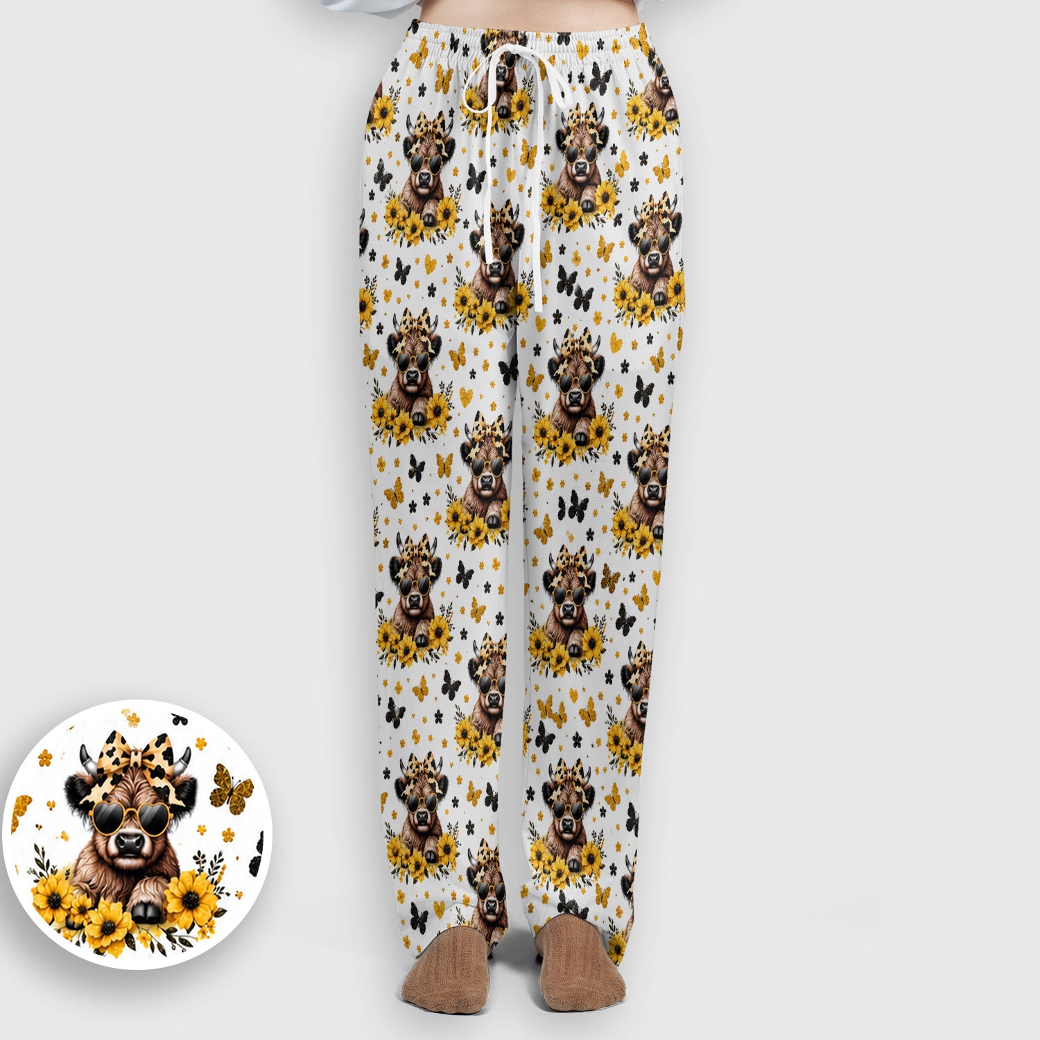 Cow With Sunflower Bow Pattern Scrub Set, Scrub Pants and V Neck Top