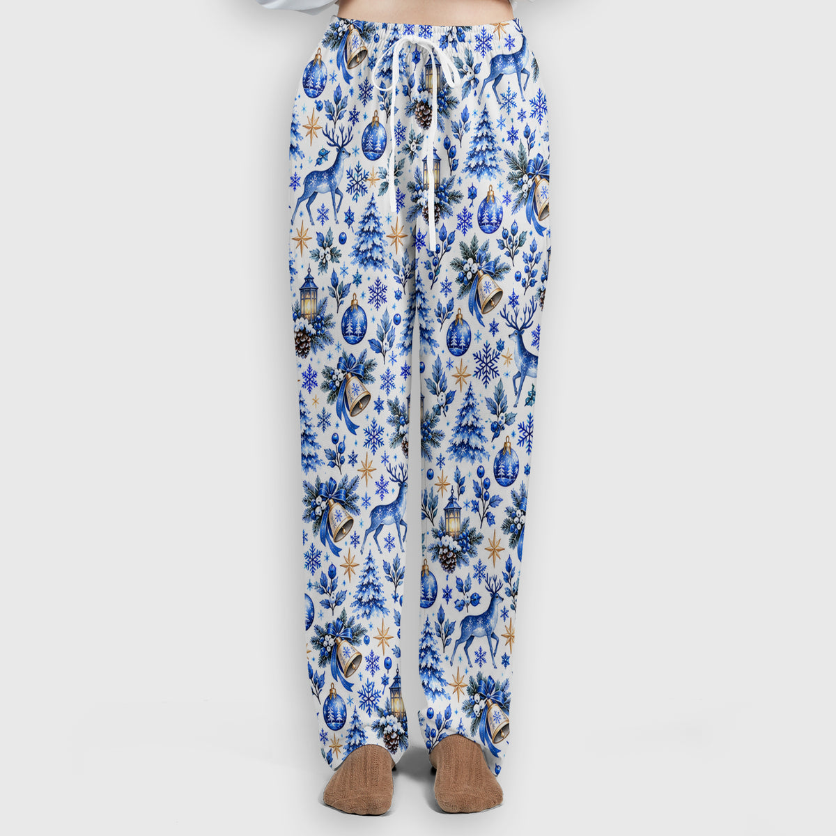 Blue Christmas Reindeer And Winter Trees Scrub Set, Scrub Pants and V Neck Top