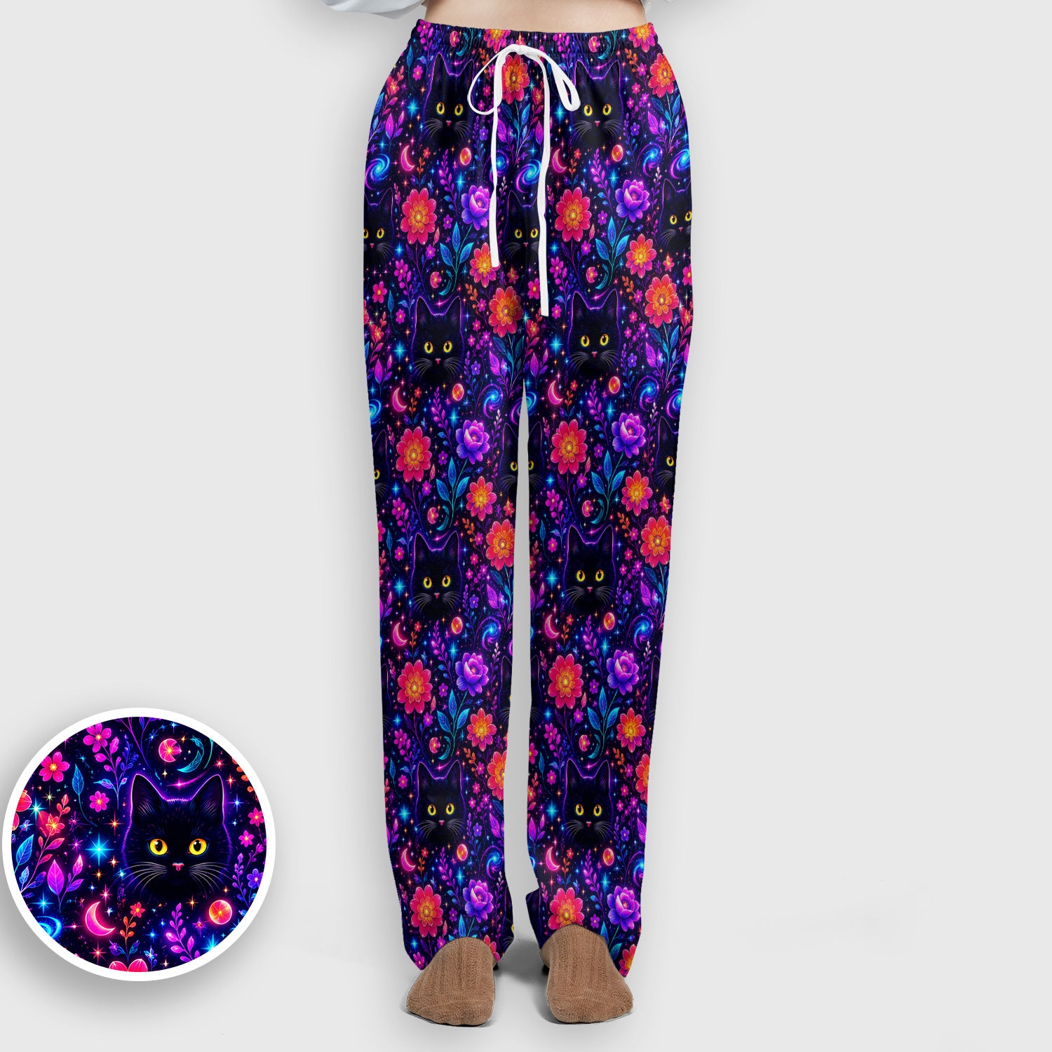 Galaxy Black Cat Floral Pattern Scrub Set, Scrub Pants and V Neck Top