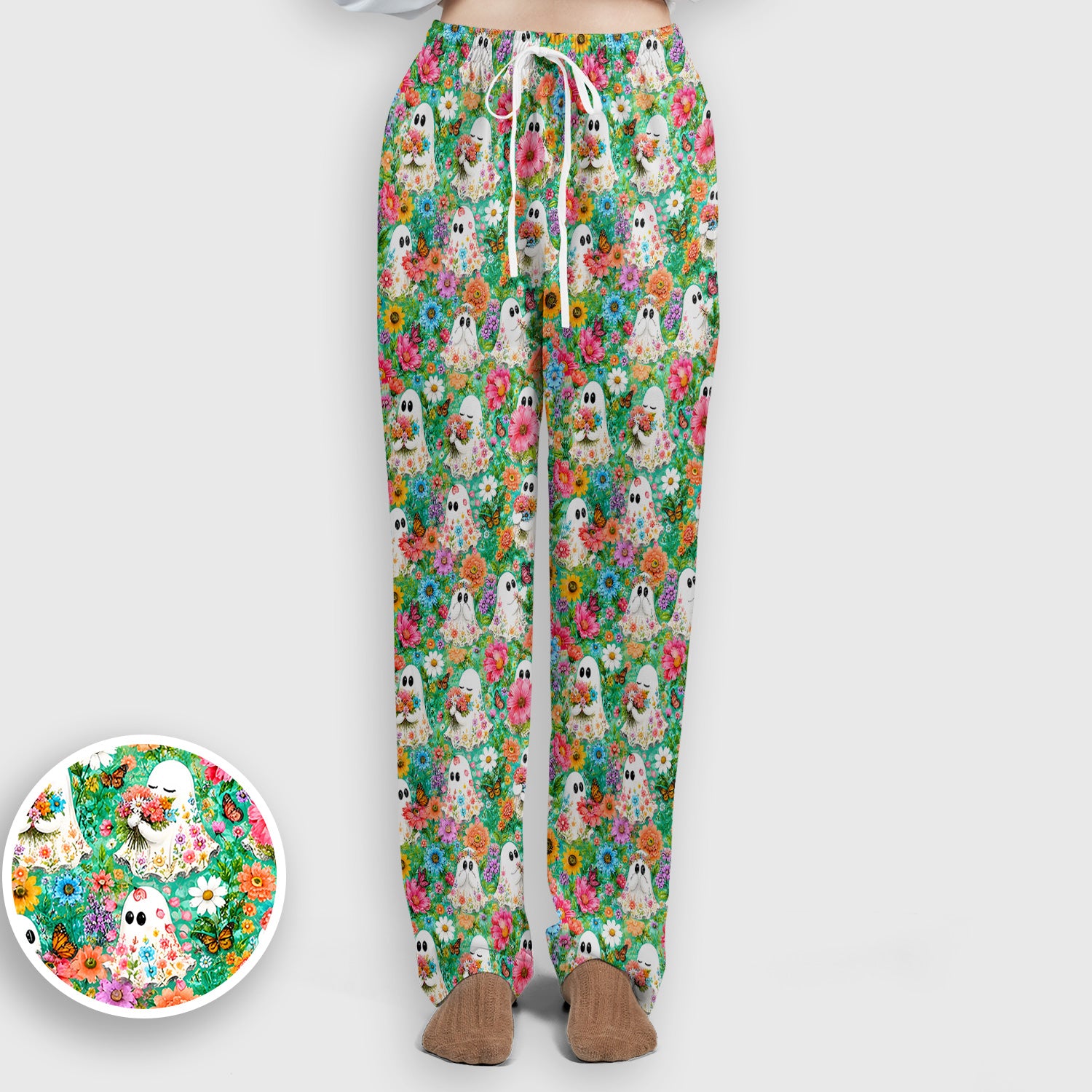 Cute Halloween Floral Ghosts Scrub Set, Scrub Pants and V Neck Top
