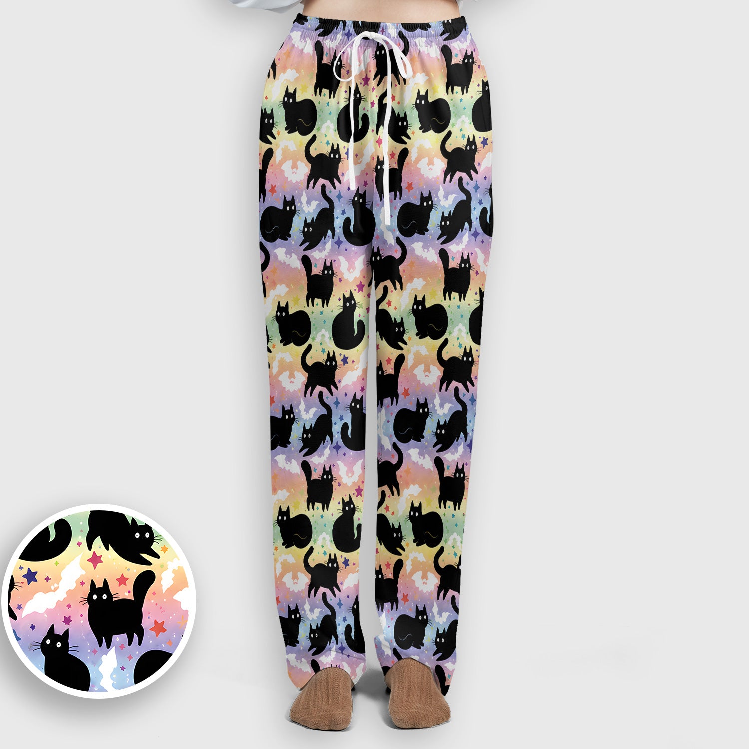 Pastel Star Black Cat Pattern Scrub Set, Scrub Pants and V Neck Top