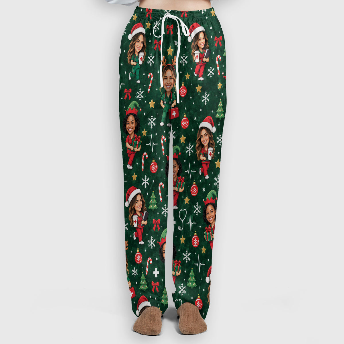 Personalized Christmas Nurse Photo And Name Scrub Set, Scrub Pants and V Neck Top