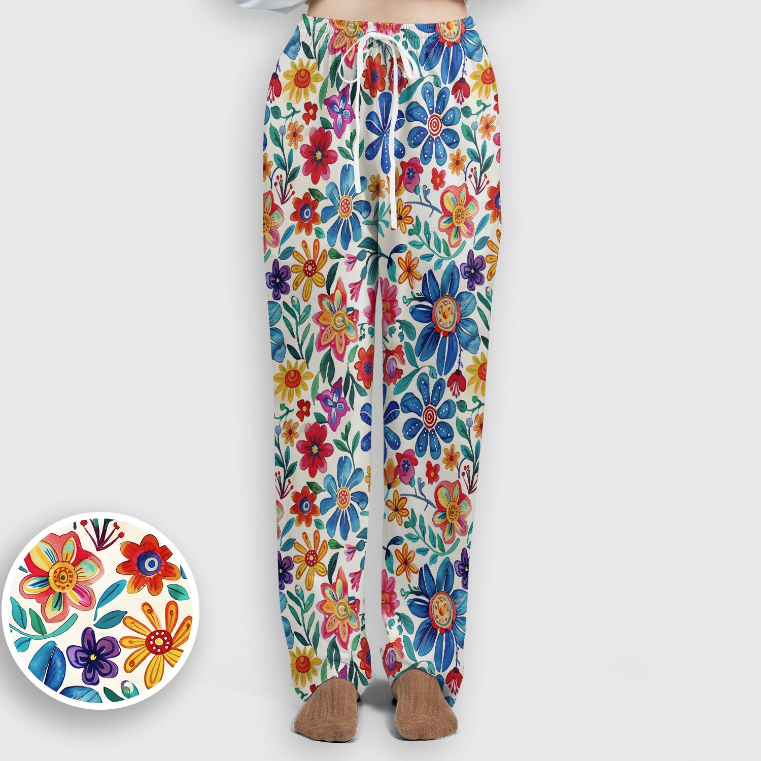 Colorful Folk Floral Print Scrub Set, Scrub Pants and V Neck Top