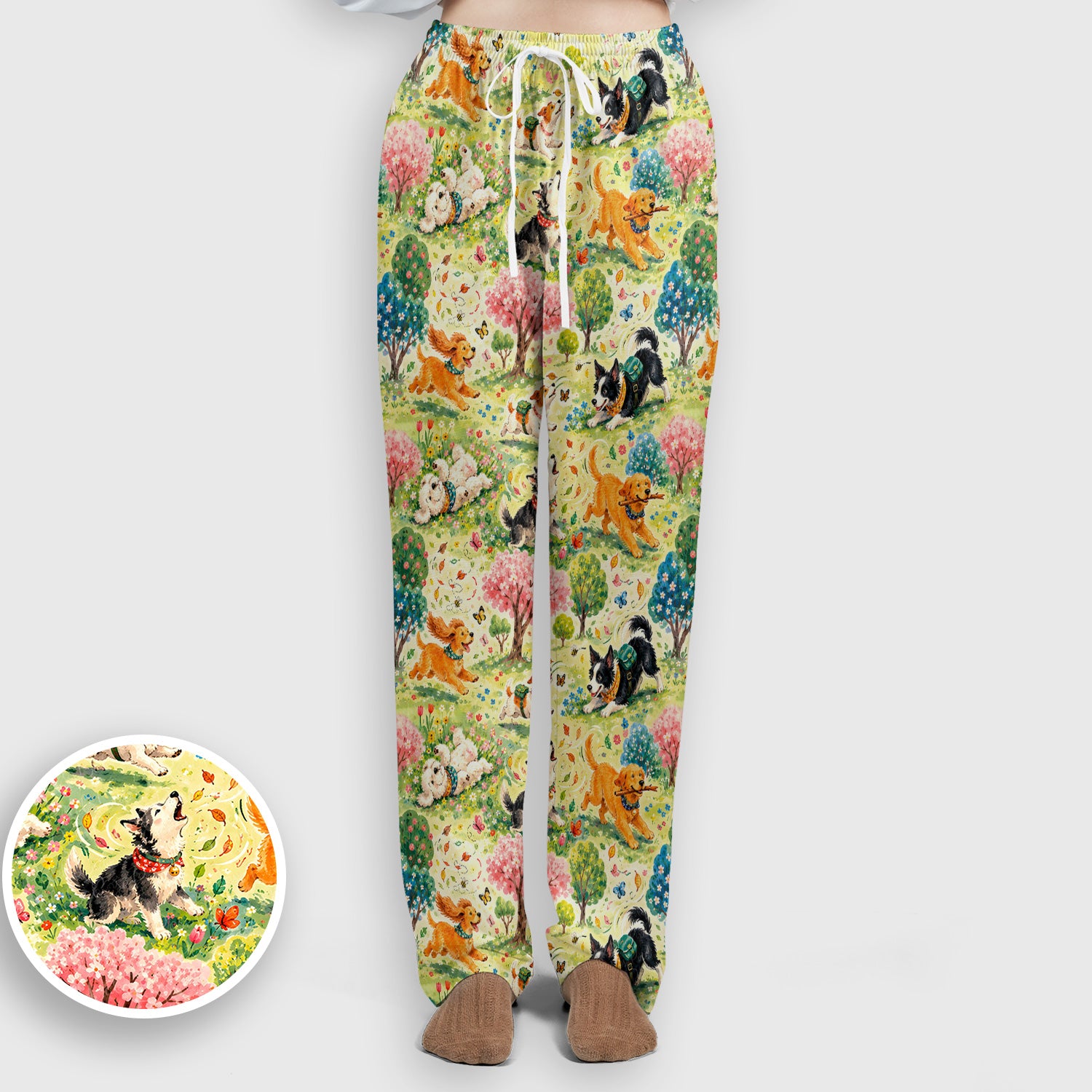 Playful Spring Garden Dogs Pattern Scrub Set, Scrub Pants and V Neck Top