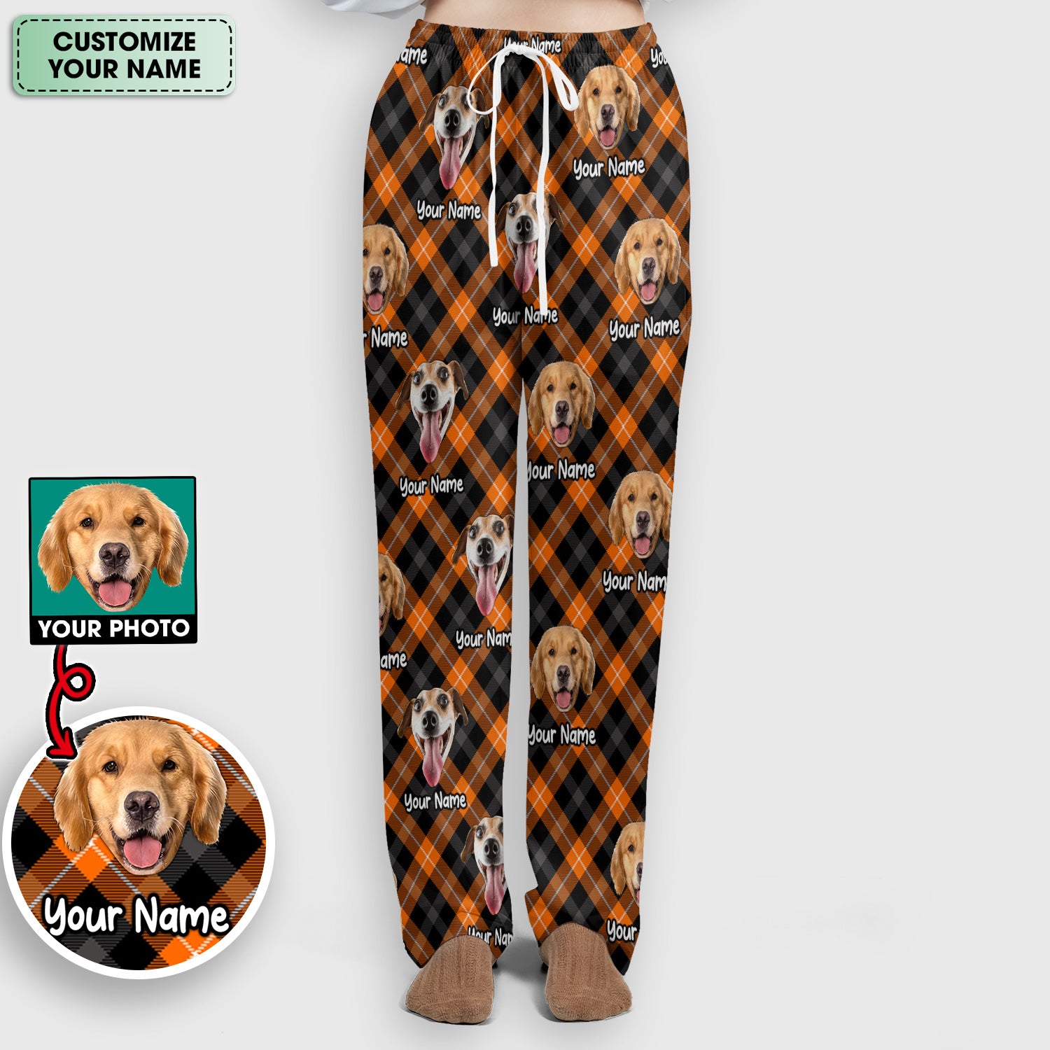 Personalized Halloween Dog Photo Plaid Scrub Set, Scrub Pants and V Neck Top