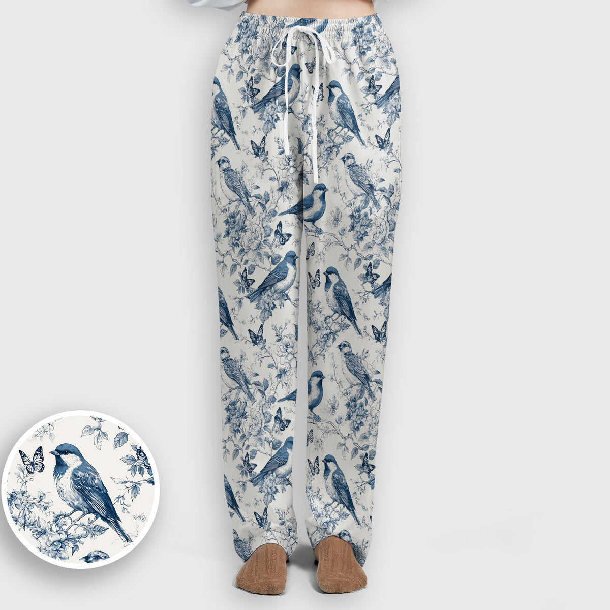 Blue Toile Songbird With Butterfly Print Scrub Set, Scrub Pants and V Neck Top