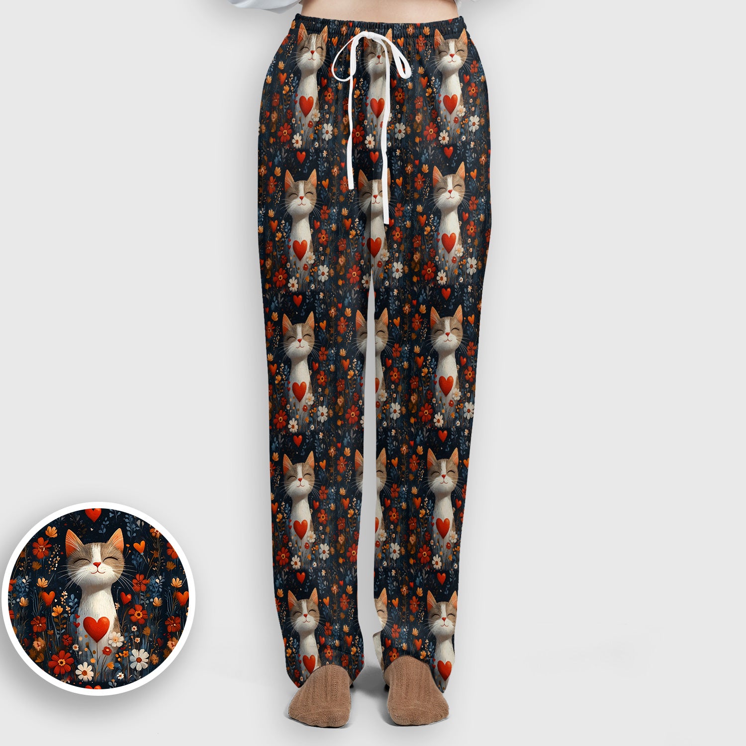 Cat Heart Floral Garden Pattern Scrub Set, Scrub Pants and V Neck Top