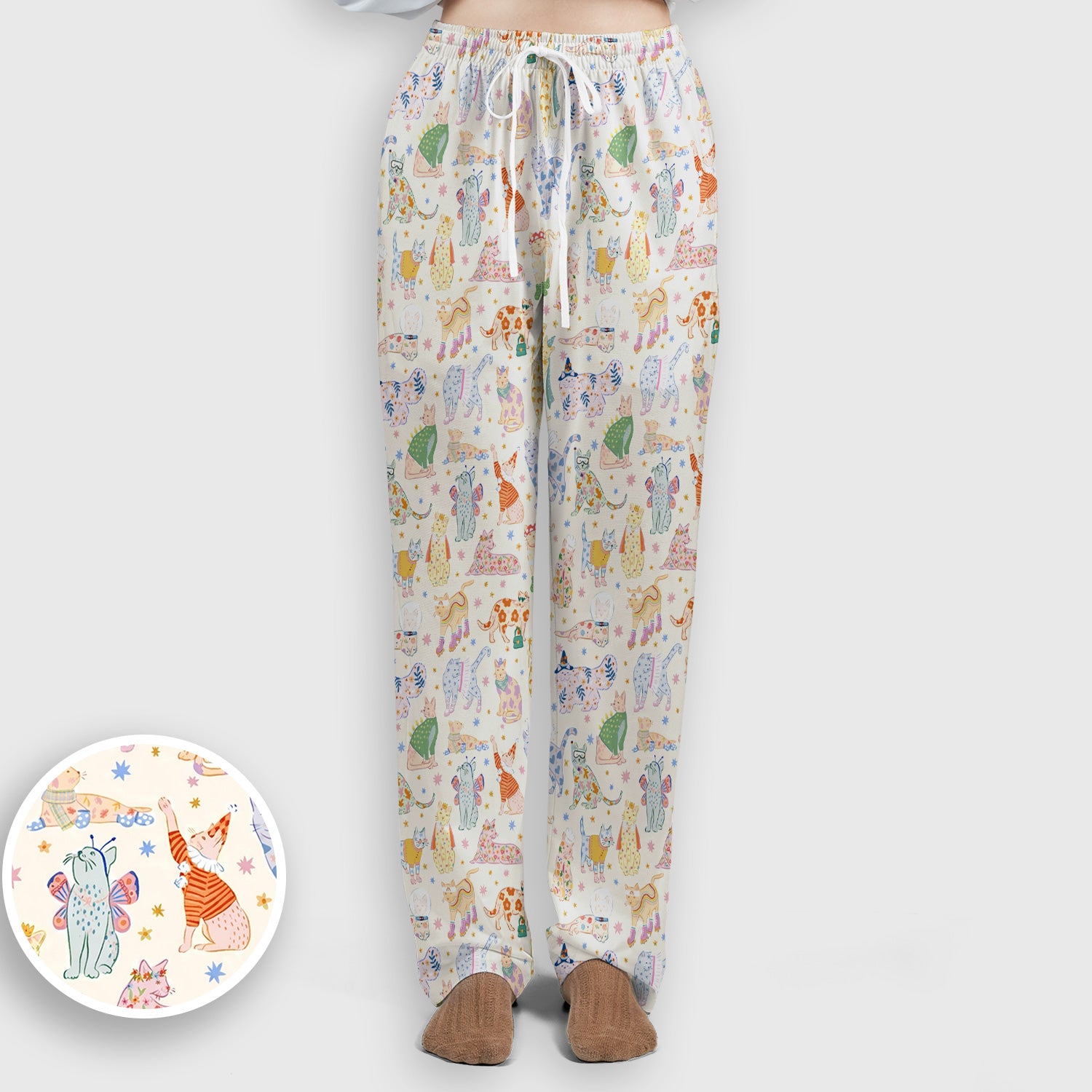 Cute Colorful Cats Pattern Scrub Set, Scrub Pants and V Neck Top