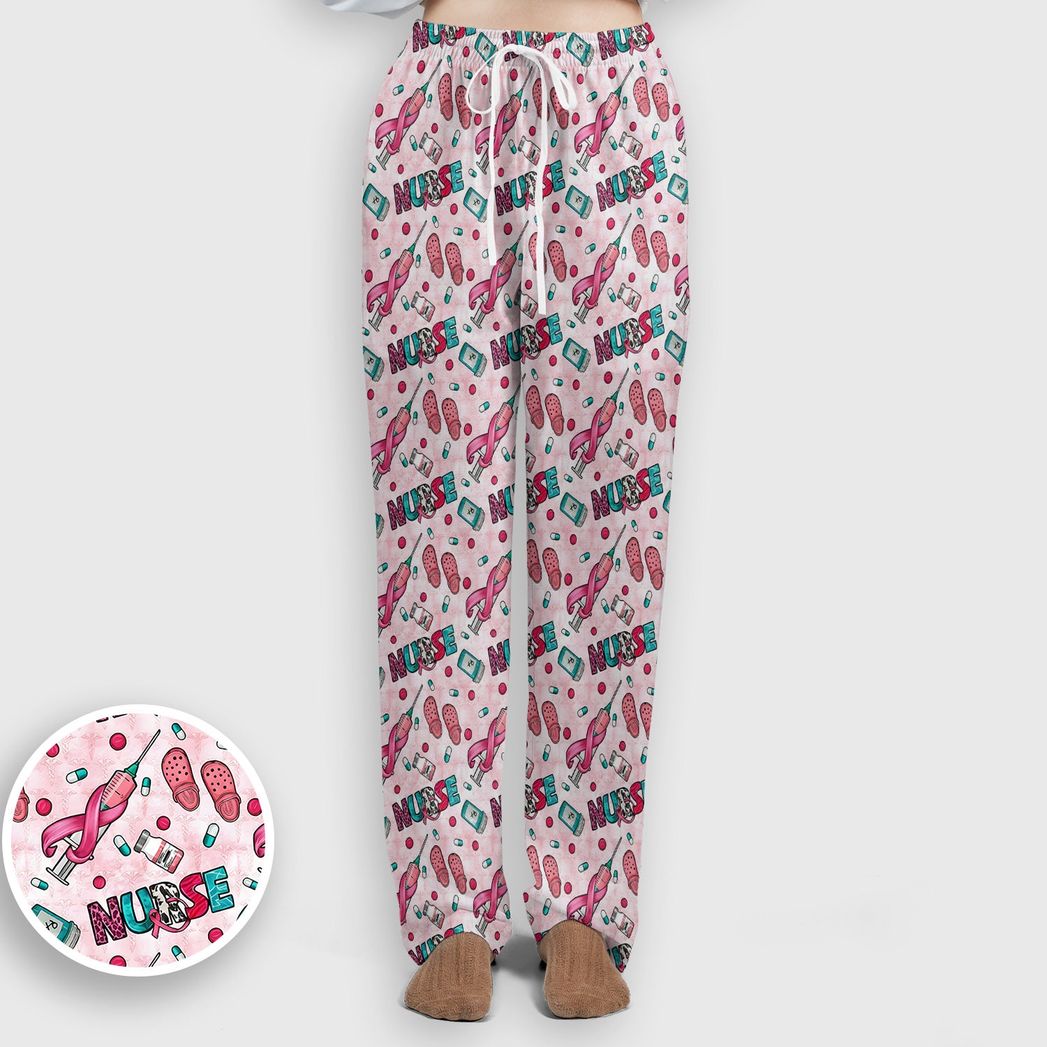 Pink Ribbon with Recovery Print Scrub Set, Scrub Pants and V Neck Top
