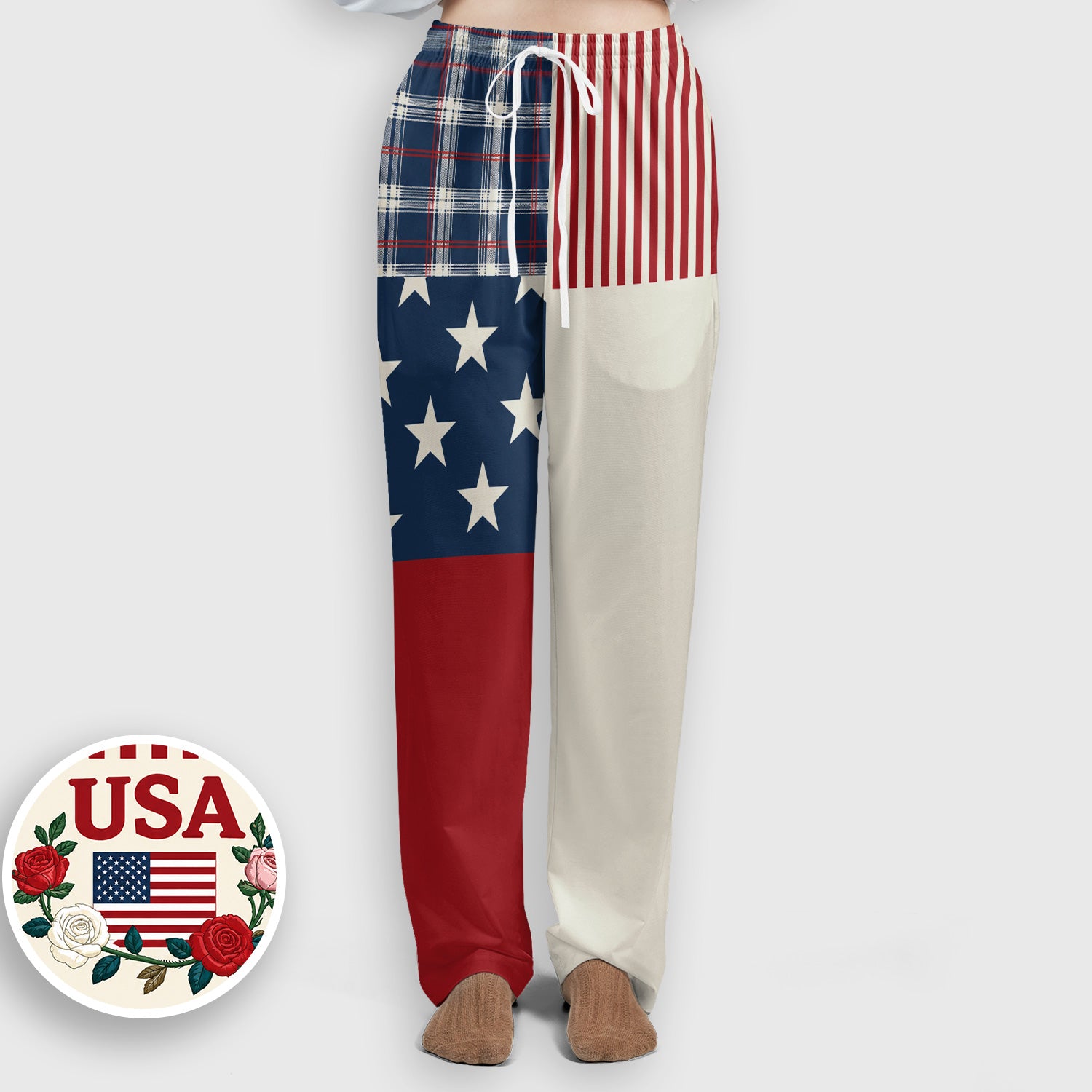 USA Flag Rose Patchwork Pattern Scrub Set, Scrub Pants and V Neck Top