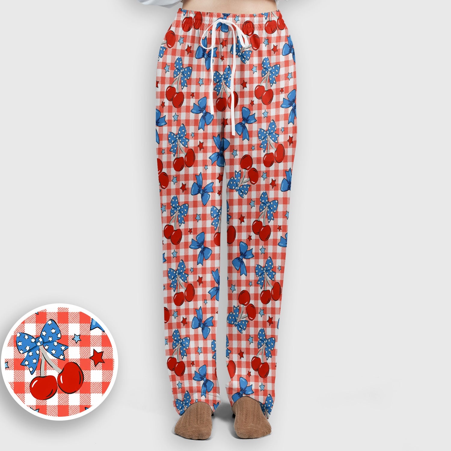 Cute Patriotic Cherry Bow Checkered Pattern Scrub Set, Scrub Pants and V Neck Top
