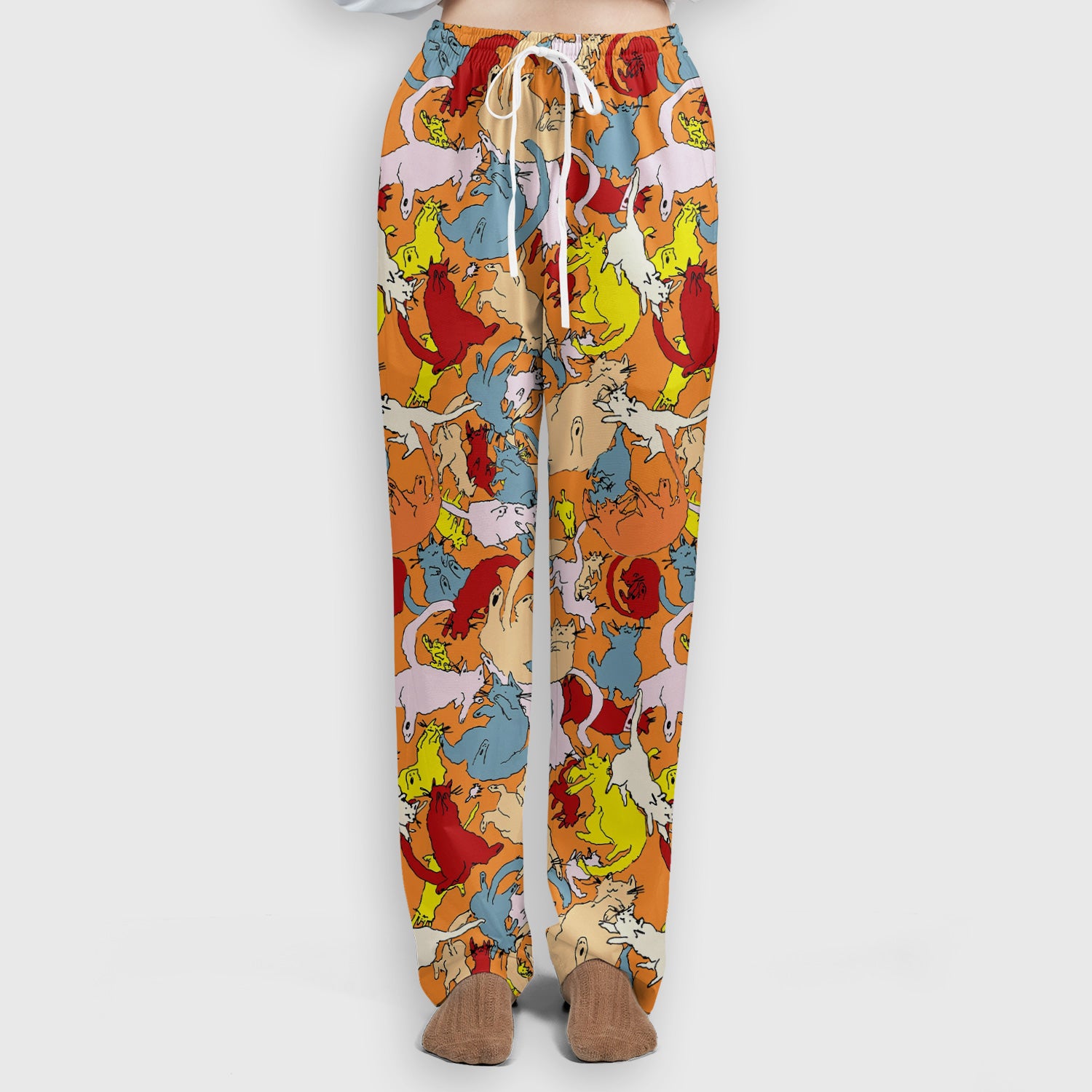 Colorful Cat Chaos Illustration Pattern Scrub Set, Scrub Pants and V Neck Top