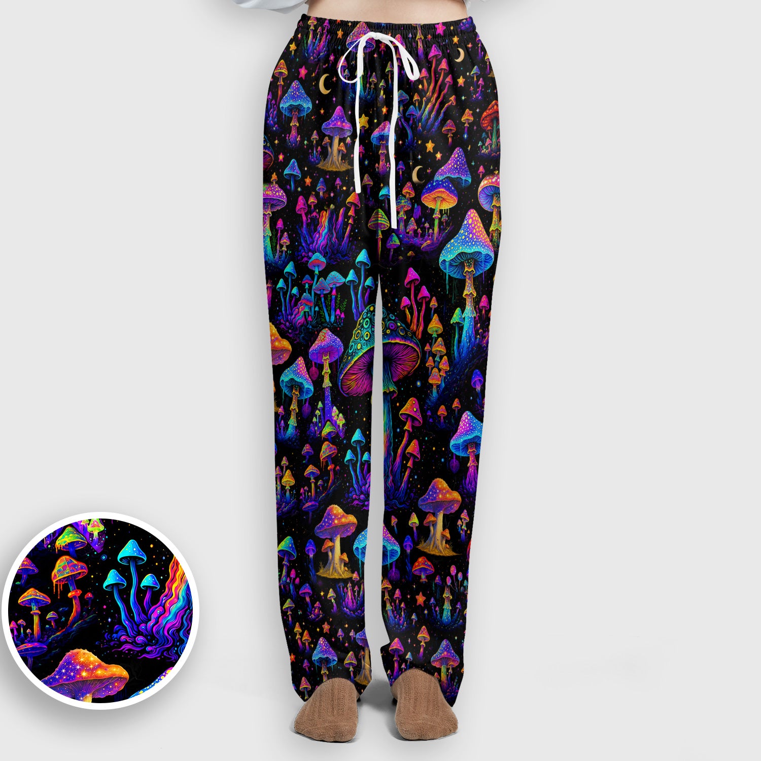 Neon Fantasy Mushroom Print Scrub Set, Scrub Pants and V Neck Top