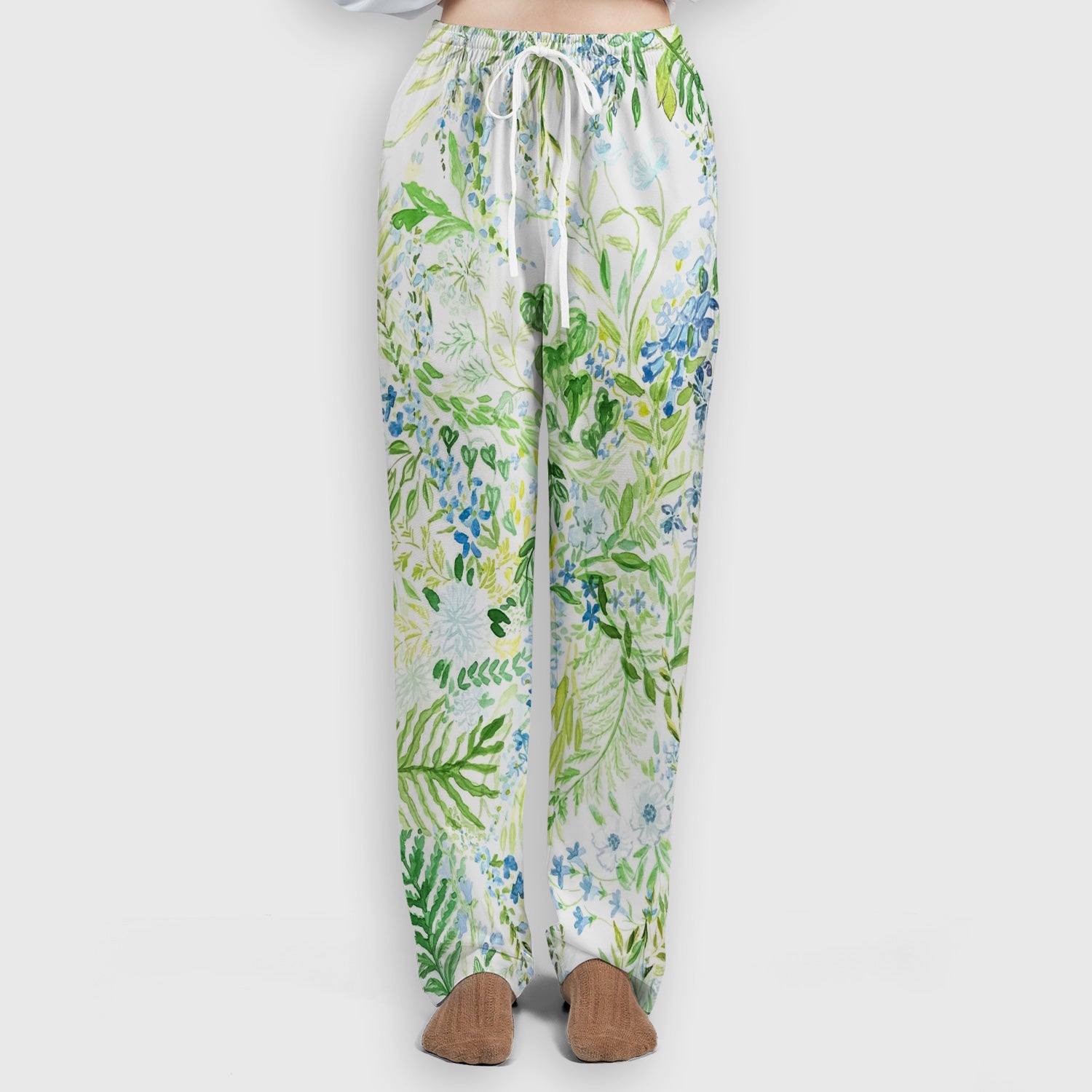 Green Botanical Floral Pattern Scrub Set, Scrub Pants and V Neck Top