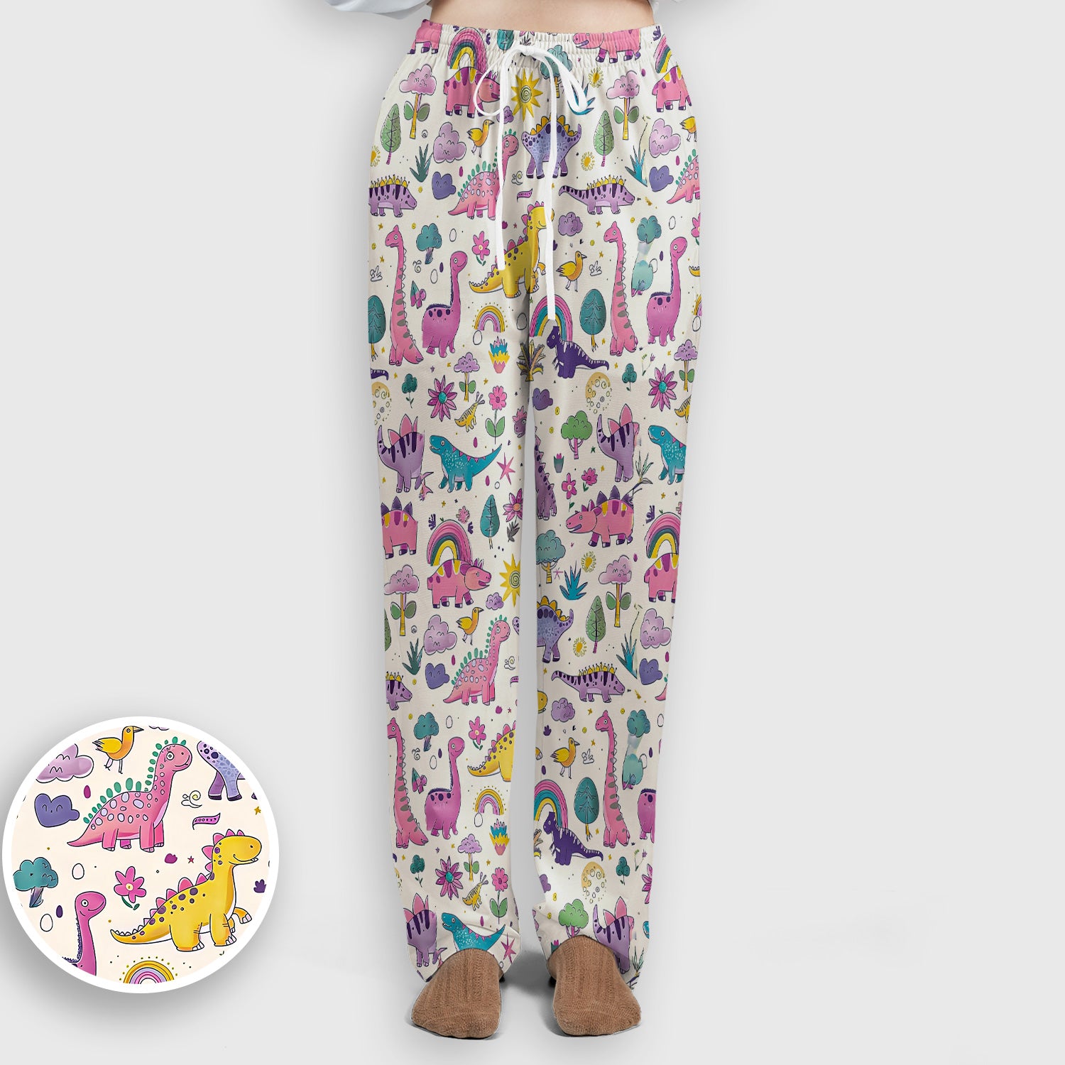 Cute Dinosaur Rainbow Pattern Scrub Set, Scrub Pants and V Neck Top