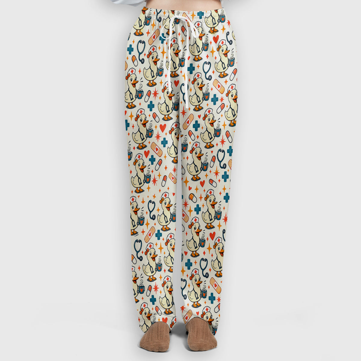 Cute Nurse Duck With Coffee Scrub Set, Scrub Pants and V Neck Top