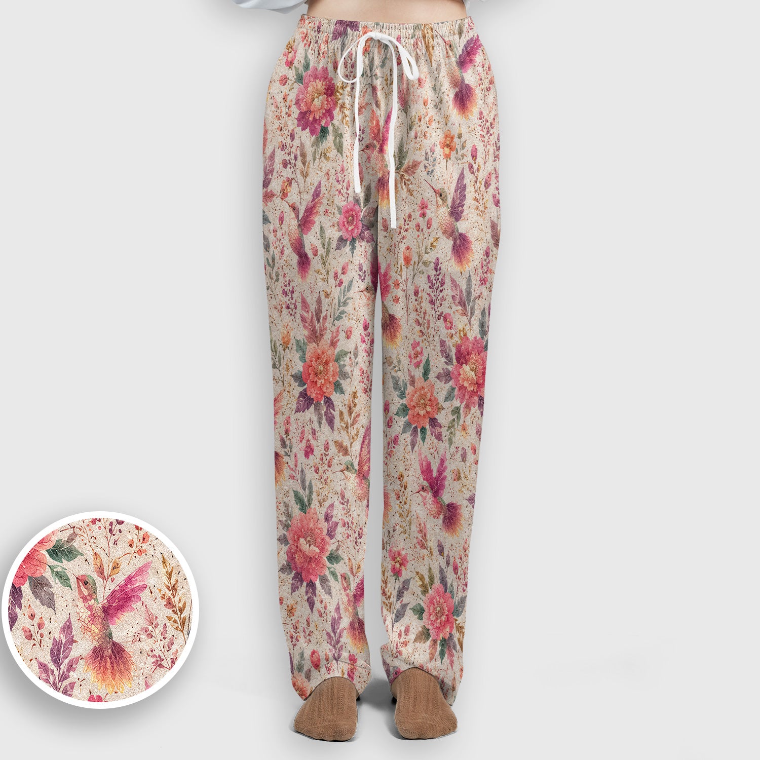 Hummingbird Floral Garden Pattern Scrub Set, Scrub Pants and V Neck Top