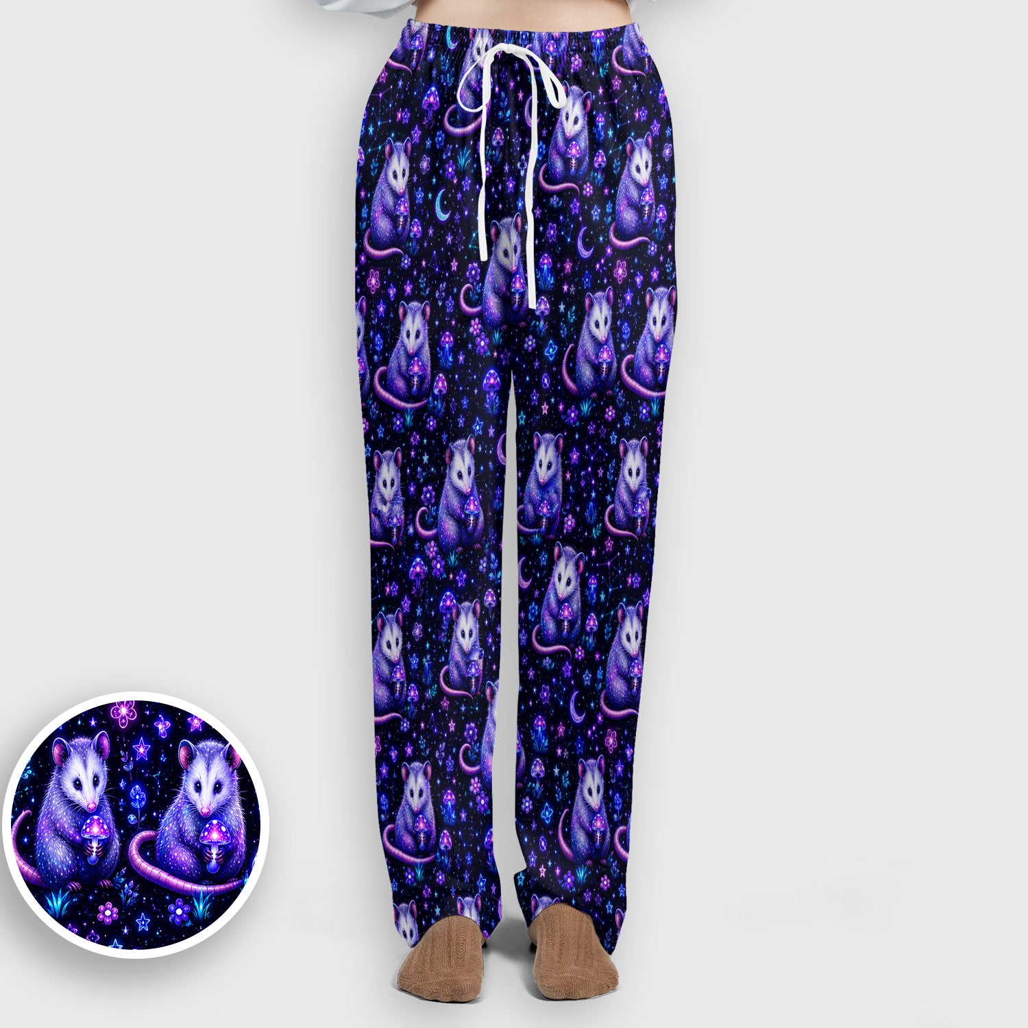 Neon Opossum Mushroom Galaxy Pattern Scrub Set, Scrub Pants and V Neck Top