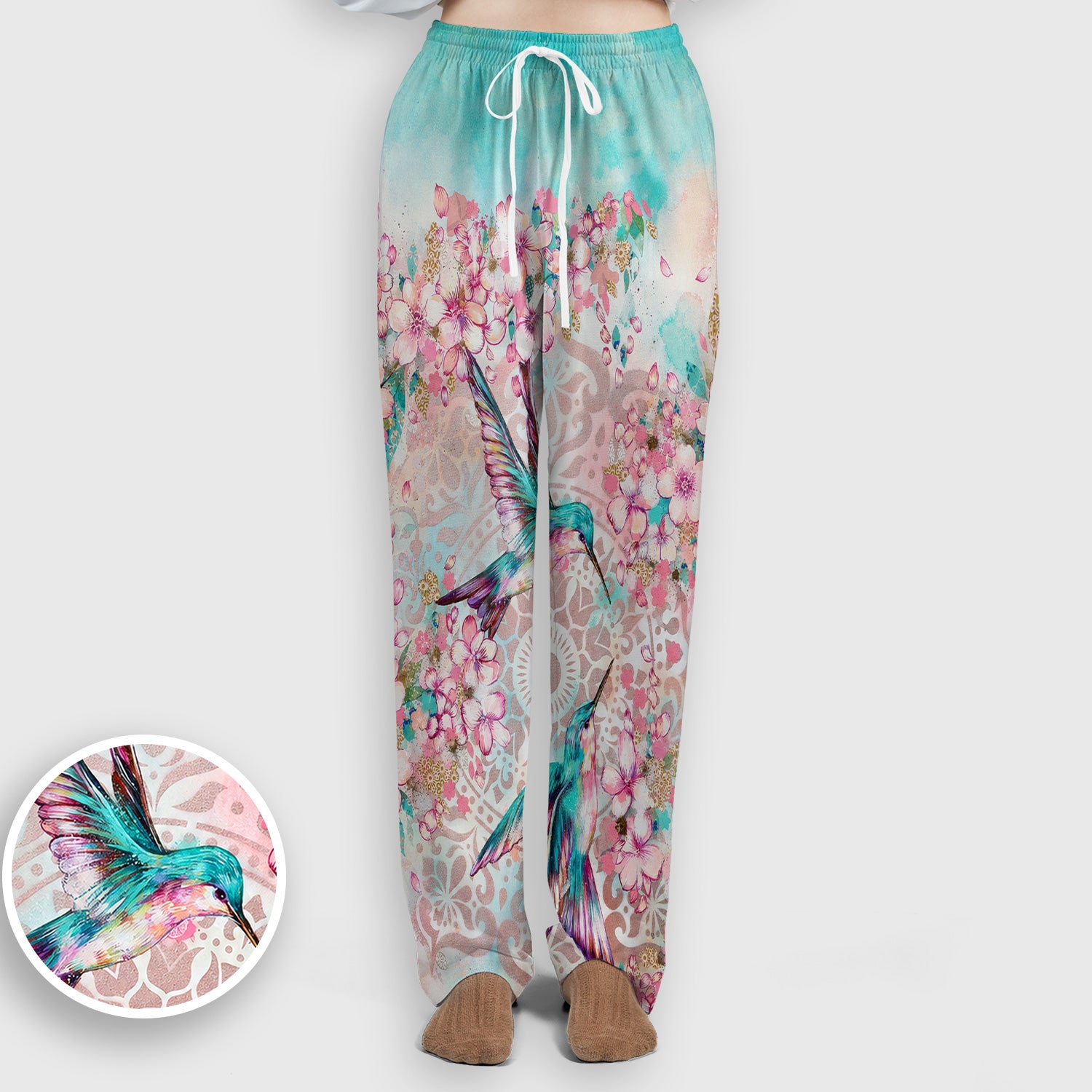 Charming Hummingbird Cherry Blossom Pattern Scrub Set, Scrub Pants and V Neck Top