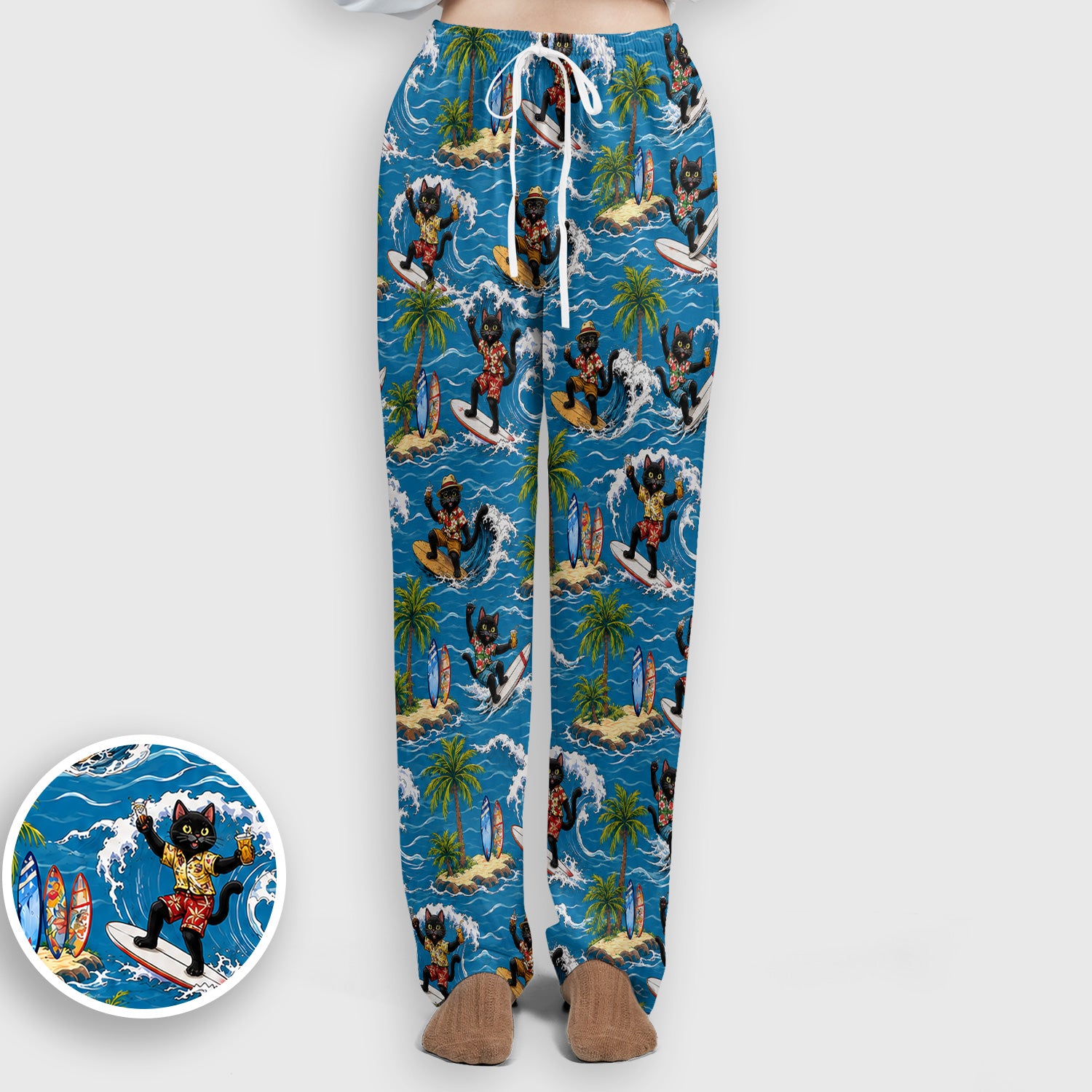 Tropical Black Cat Surfer Island Pattern Scrub Set, Scrub Pants and V Neck Top