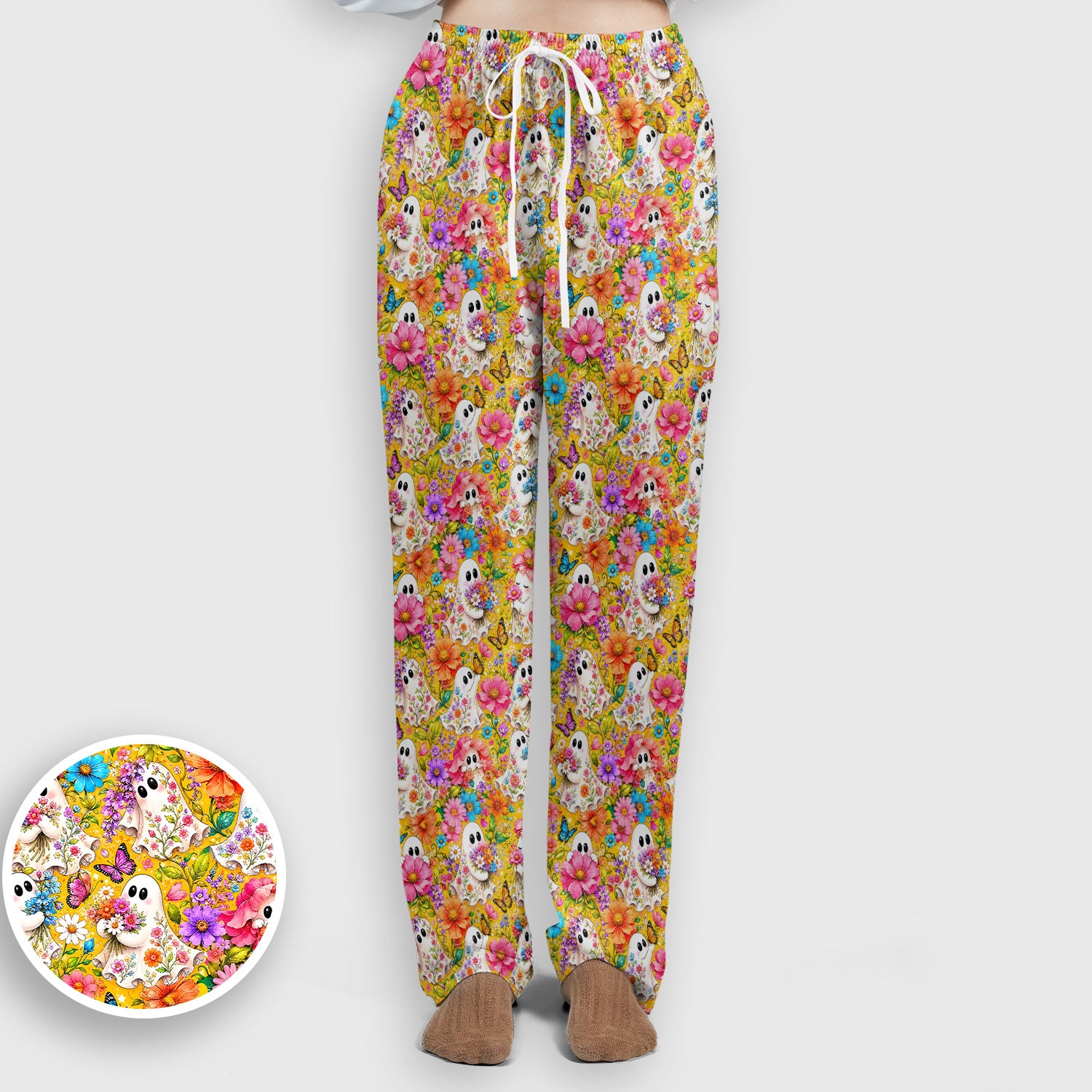 Cute Floral Ghosts And Butterflies Scrub Set, Scrub Pants and V Neck Top