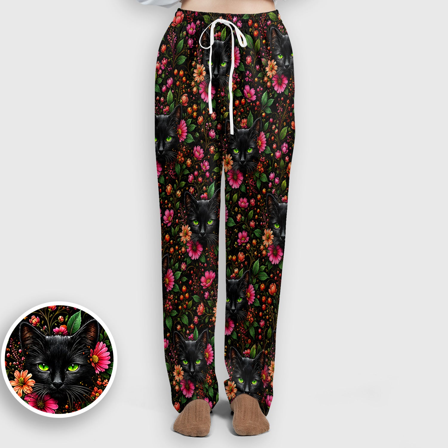 Adorable Black Cat Blossom Pattern Scrub Set, Scrub Pants and V Neck Top