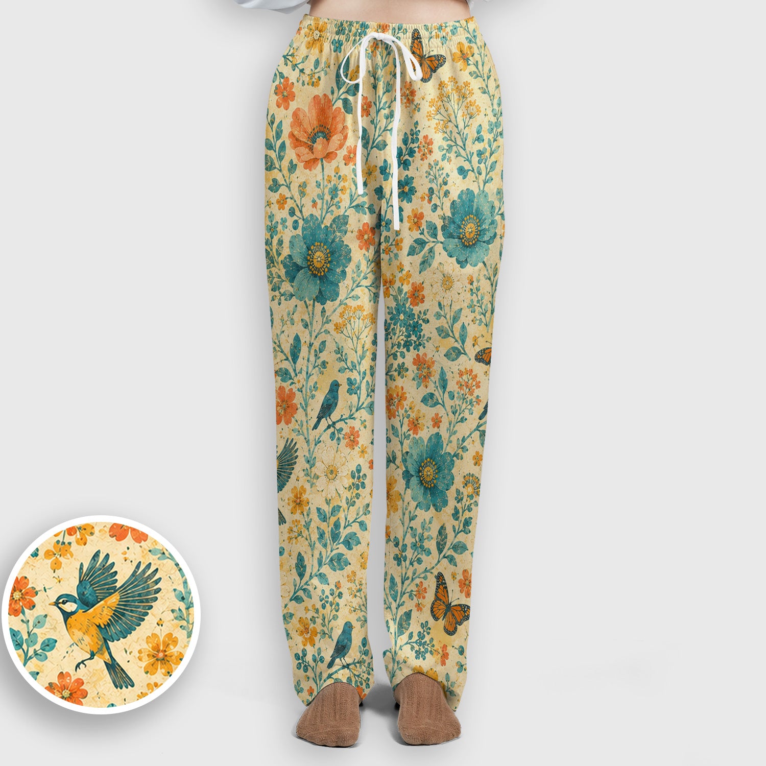 Vintage Floral Bird Butterfly Pattern Scrub Set, Scrub Pants and V Neck Top