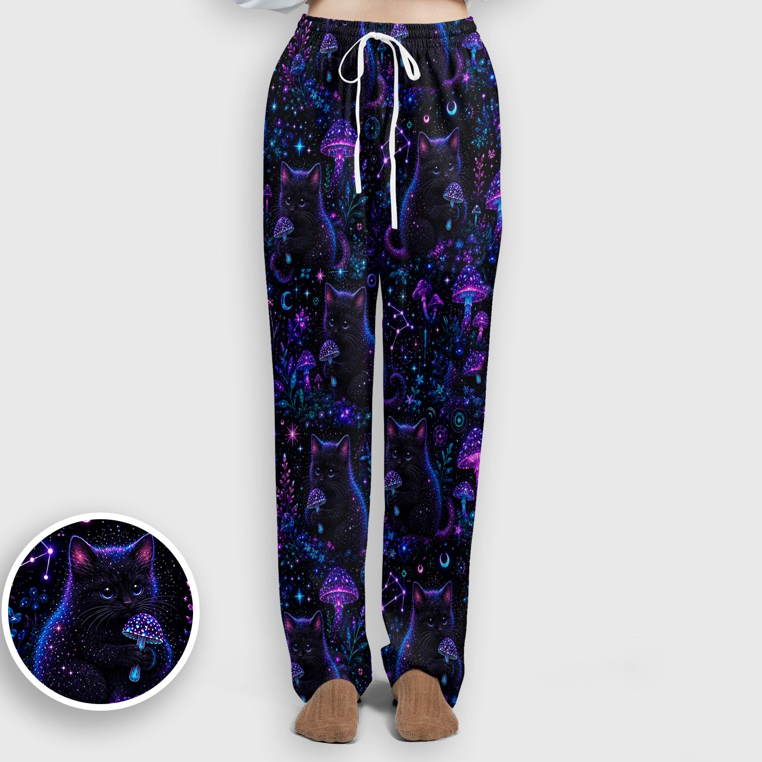 Neon Black Cat Mushroom Galaxy Pattern Scrub Set, Scrub Pants and V Neck Top