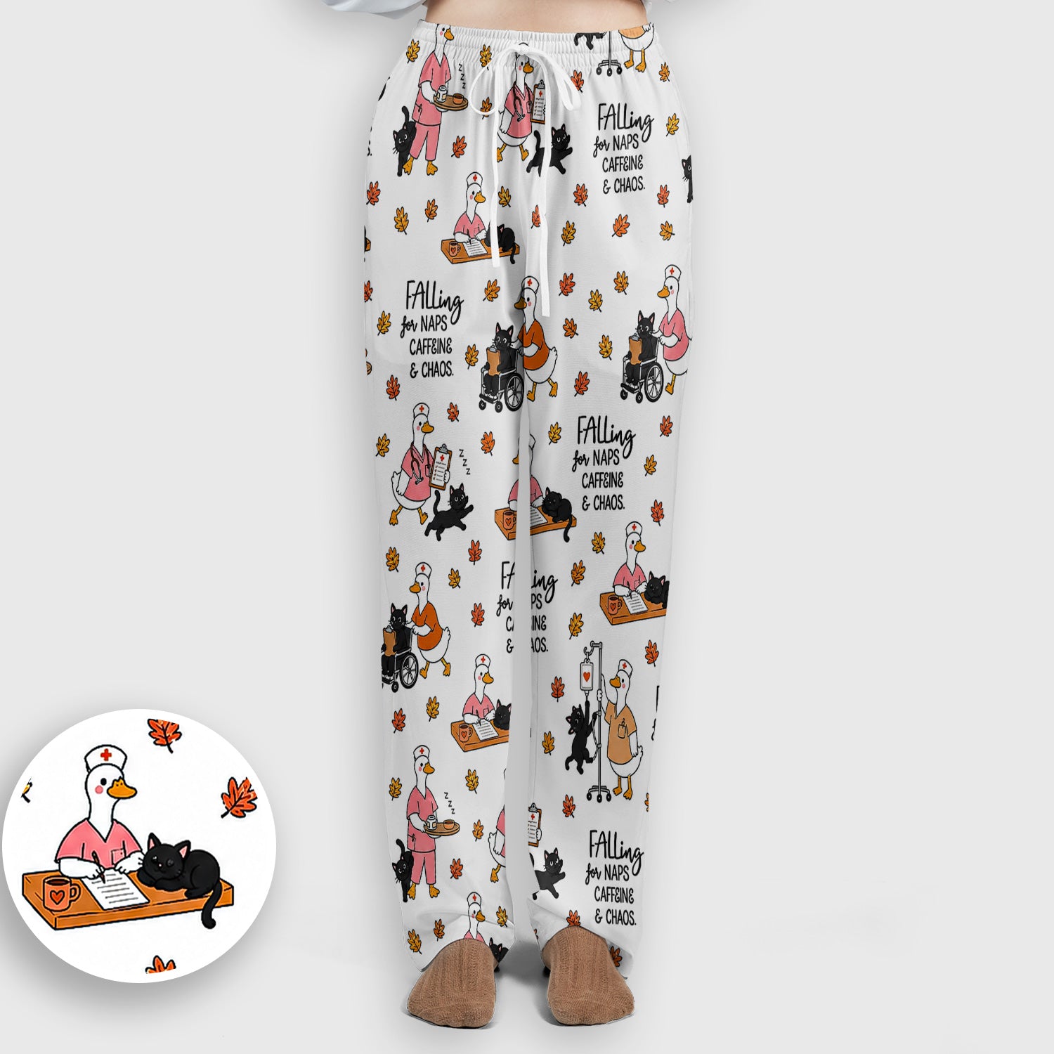 Funny Fall Nurse Goose And Black Cat Scrub Set, Scrub Pants and V Neck Top