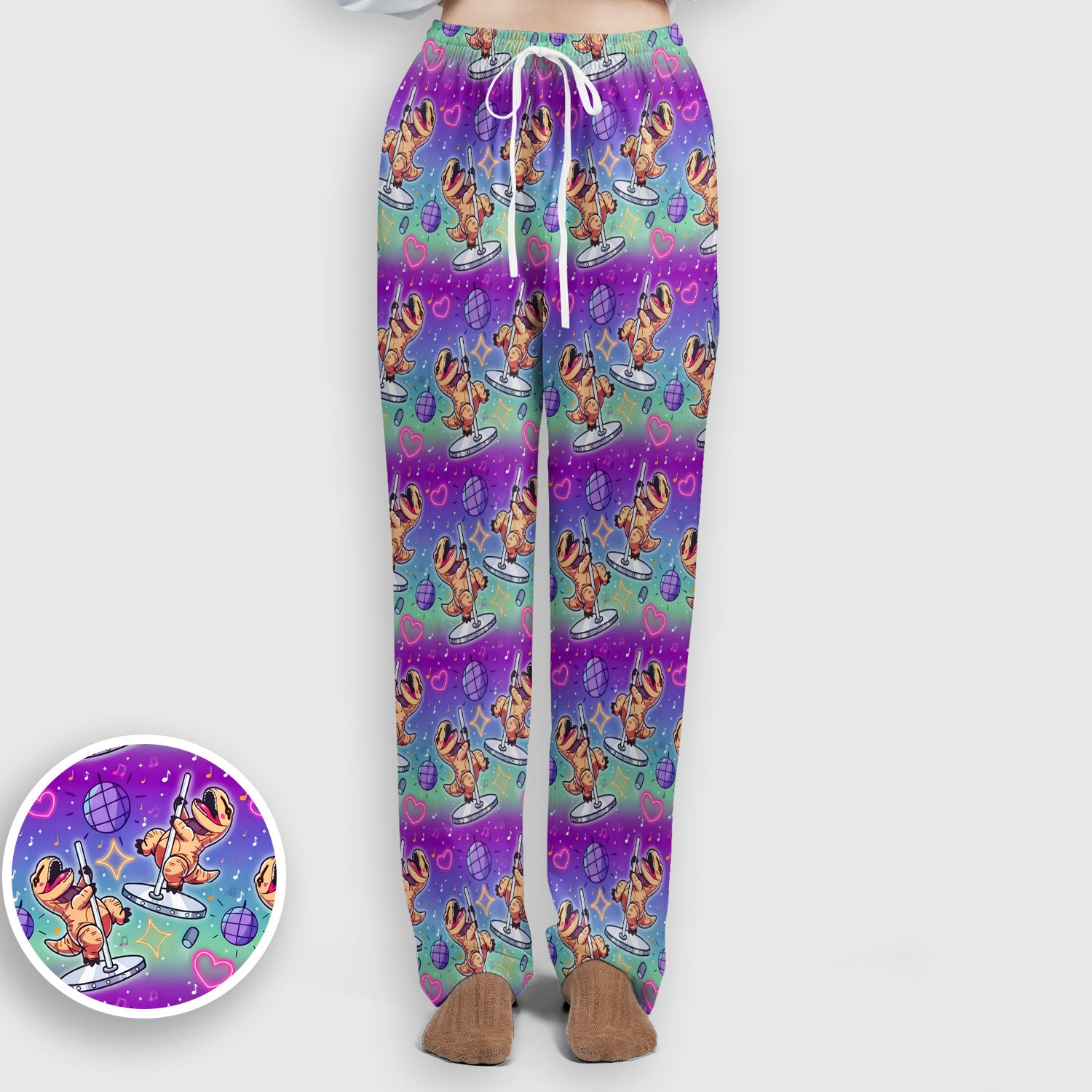 Funny Dancing Dinosaur Disco Party Pattern Nurse Scrub Set, Scrub Pants and V Neck Top