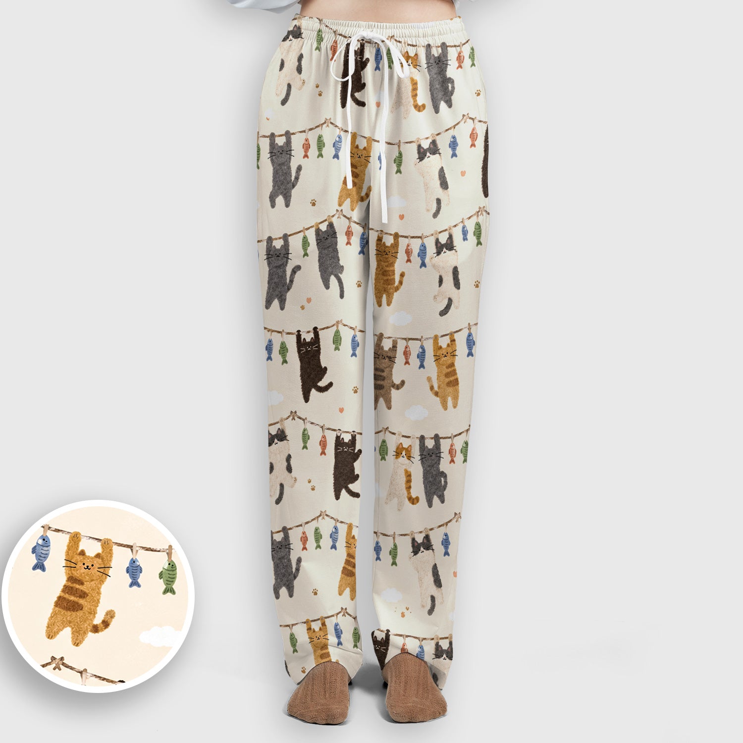 Cute Hanging Cat Fishline Pattern Scrub Set, Scrub Pants and V Neck Top
