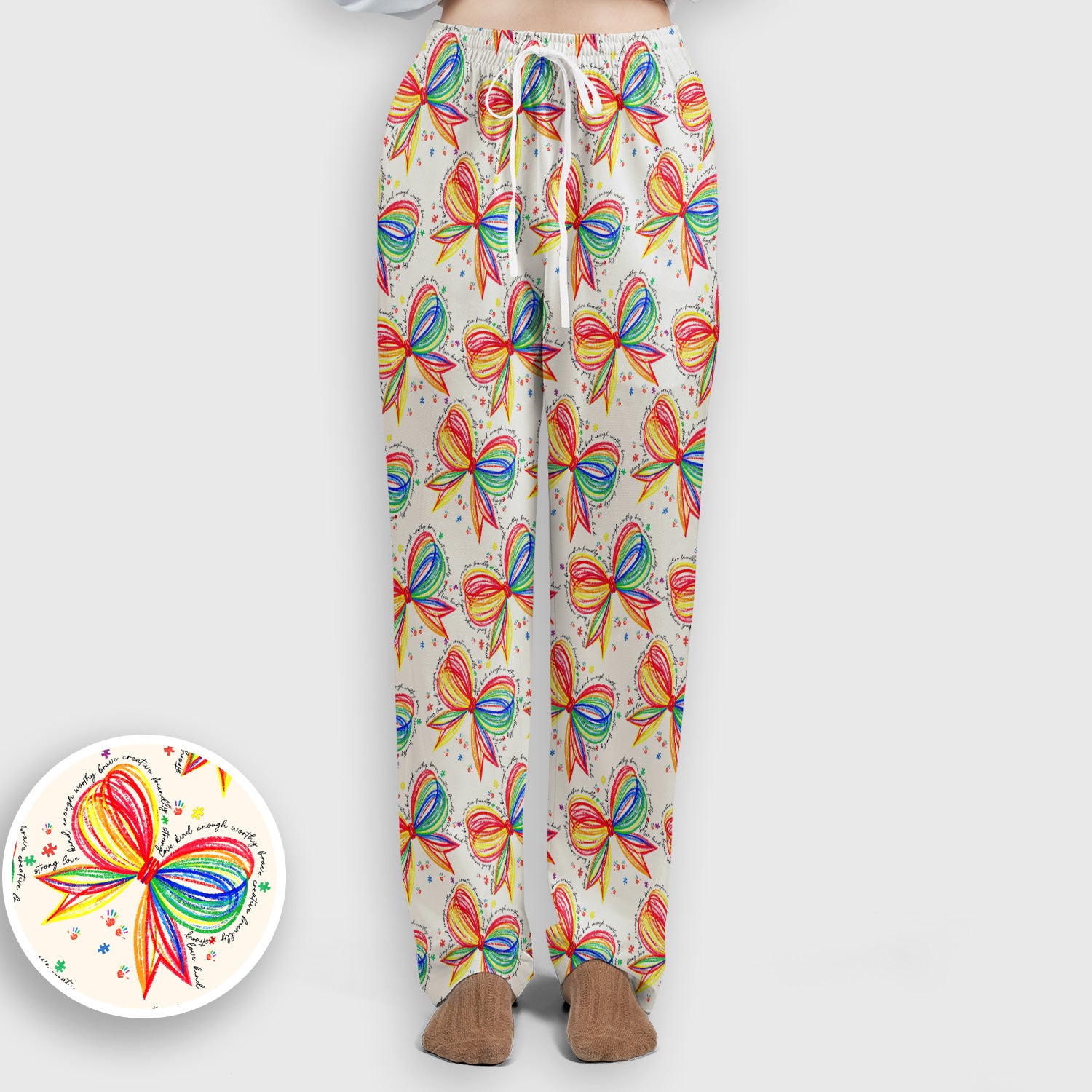 Colorful Rainbow Bow Pattern Scrub Set, Scrub Pants and V Neck Top