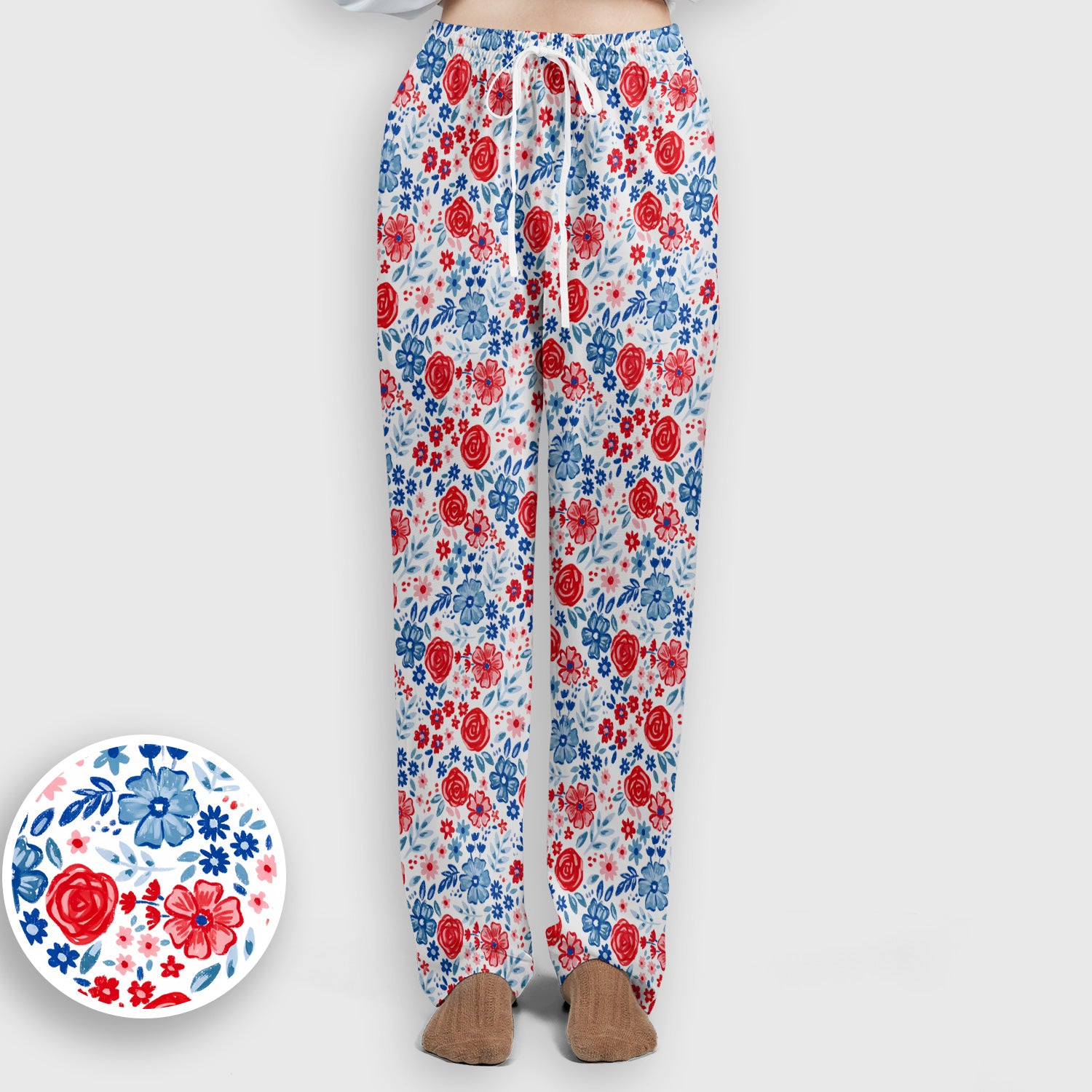 Red Blue Floral Garden Blossom Pattern Scrub Set, Scrub Pants and V Neck Top