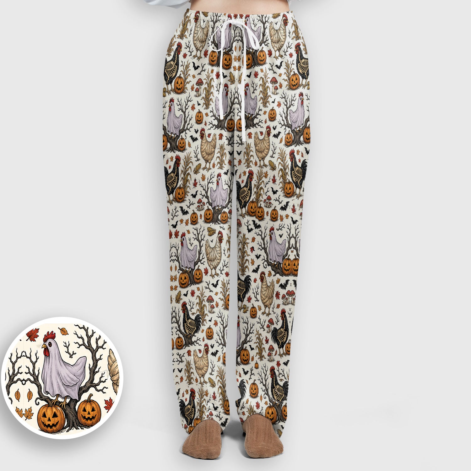 Halloween Skeleton Chickens Pattern Scrub Set, Scrub Pants and V Neck Top