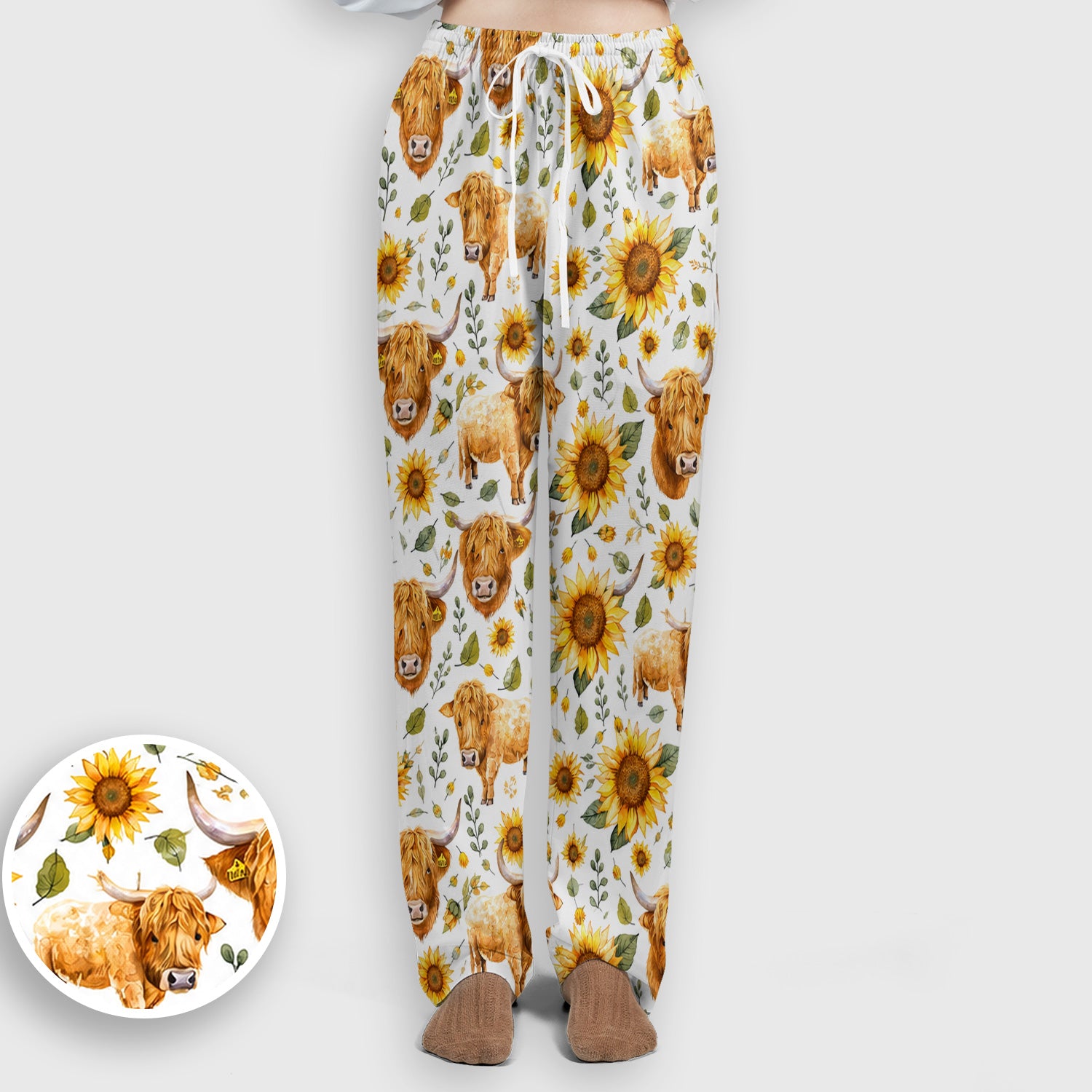 Highland Cow Sunflower Pattern Scrub Set, Scrub Pants and V Neck Top