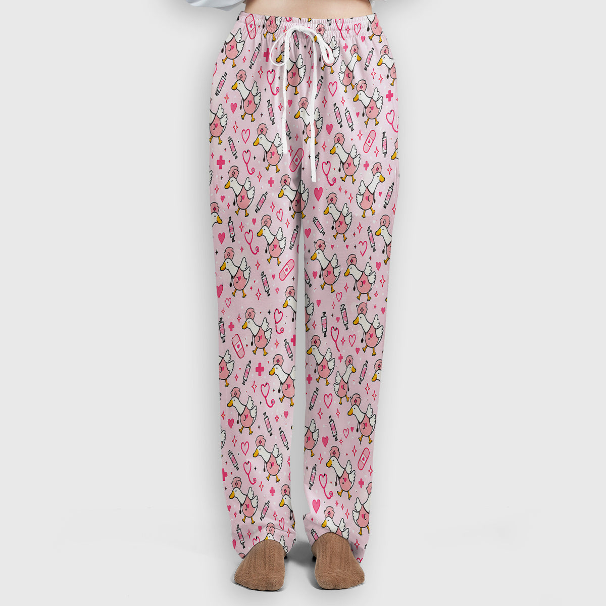 Pink Nurse Goose And Hearts Scrub Set, Scrub Pants and V Neck Top