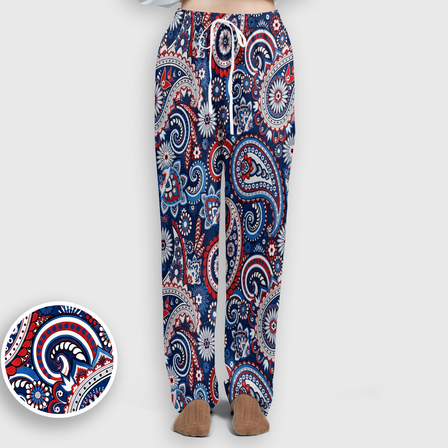 Patriotic Red White Blue Paisley Pattern Scrub Set, Scrub Pants and V Neck Top