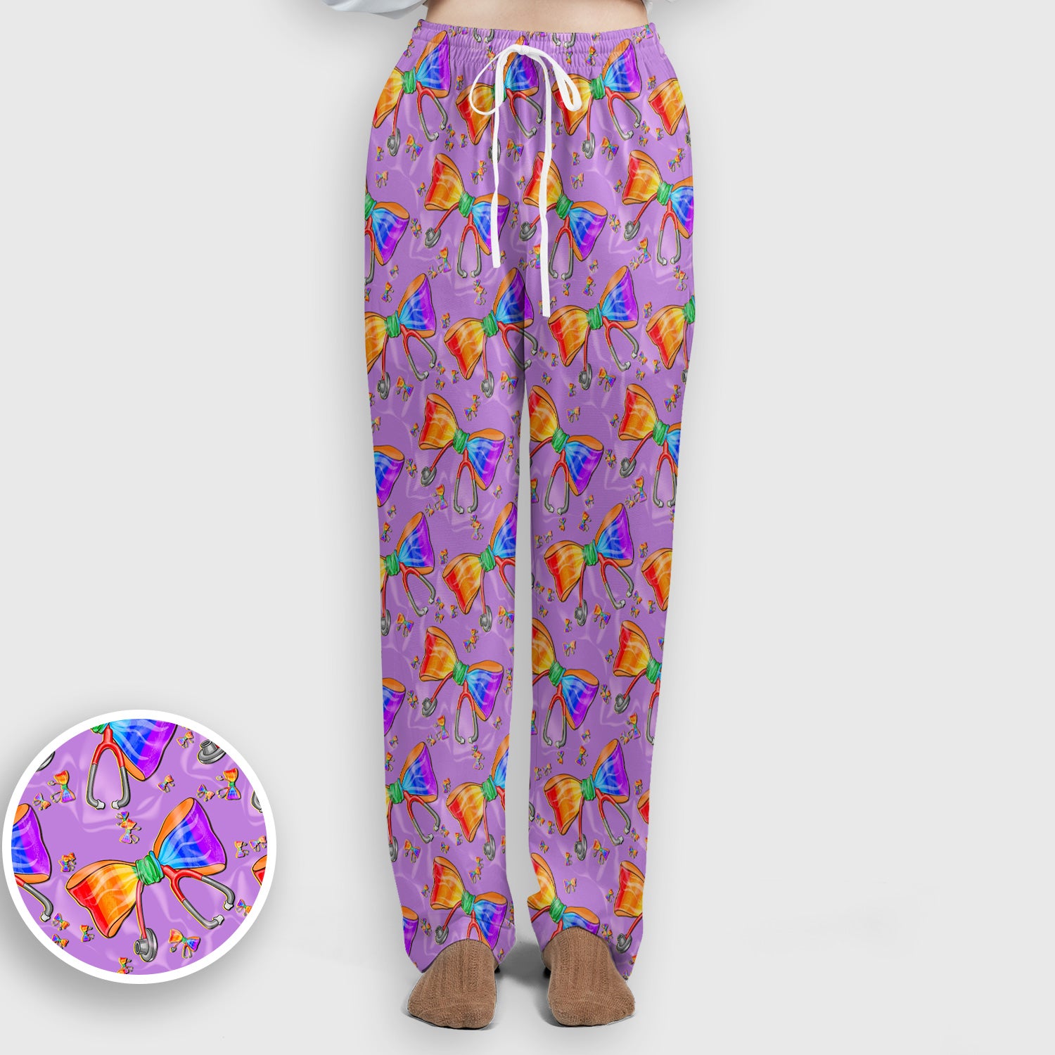 Colorful Rainbow Bow Stethoscope Pattern Scrub Top, Breathable Fabrics Nursing Uniform