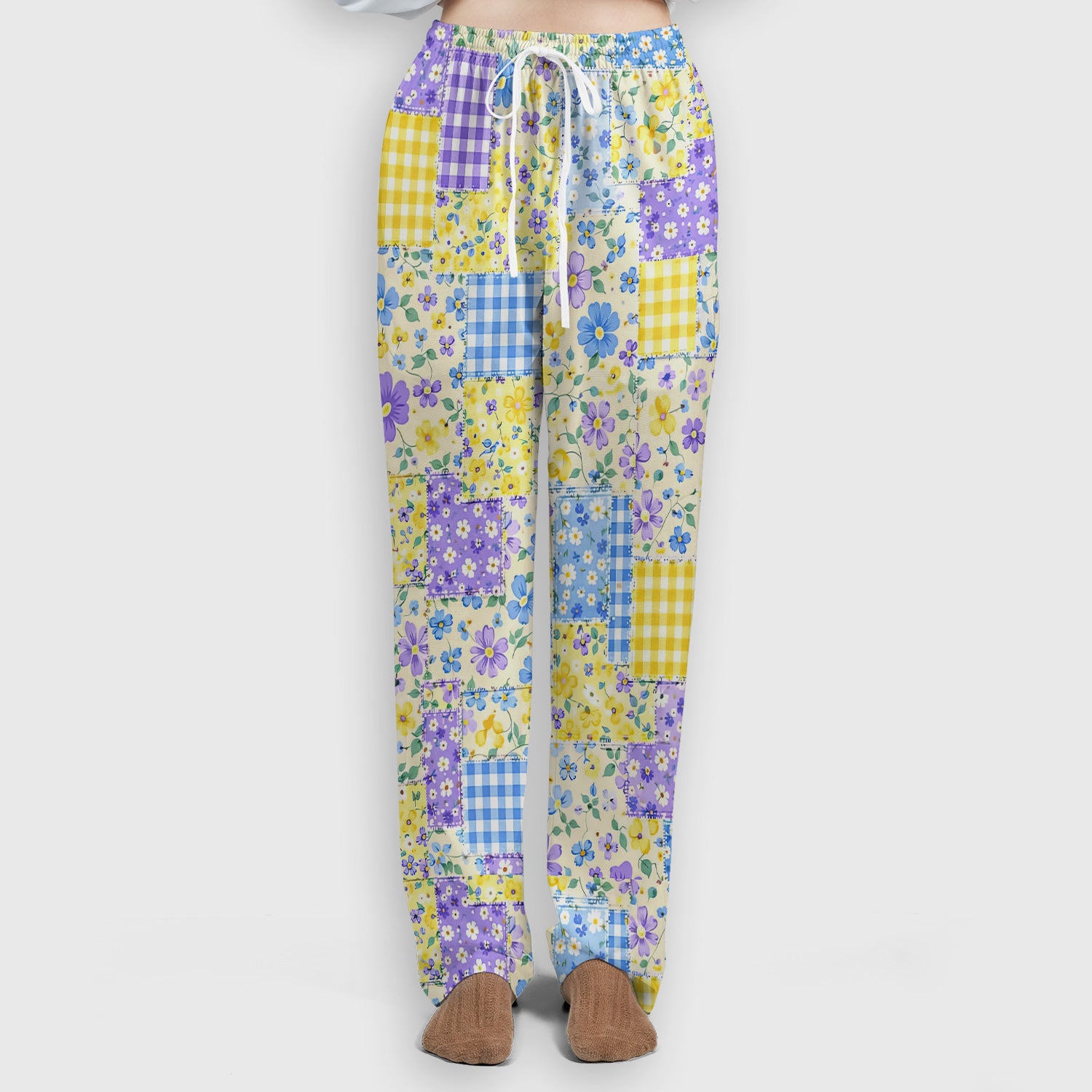 Cute Floral Patchwork Gingham Pattern Scrub Set, Women's Scrub Sets