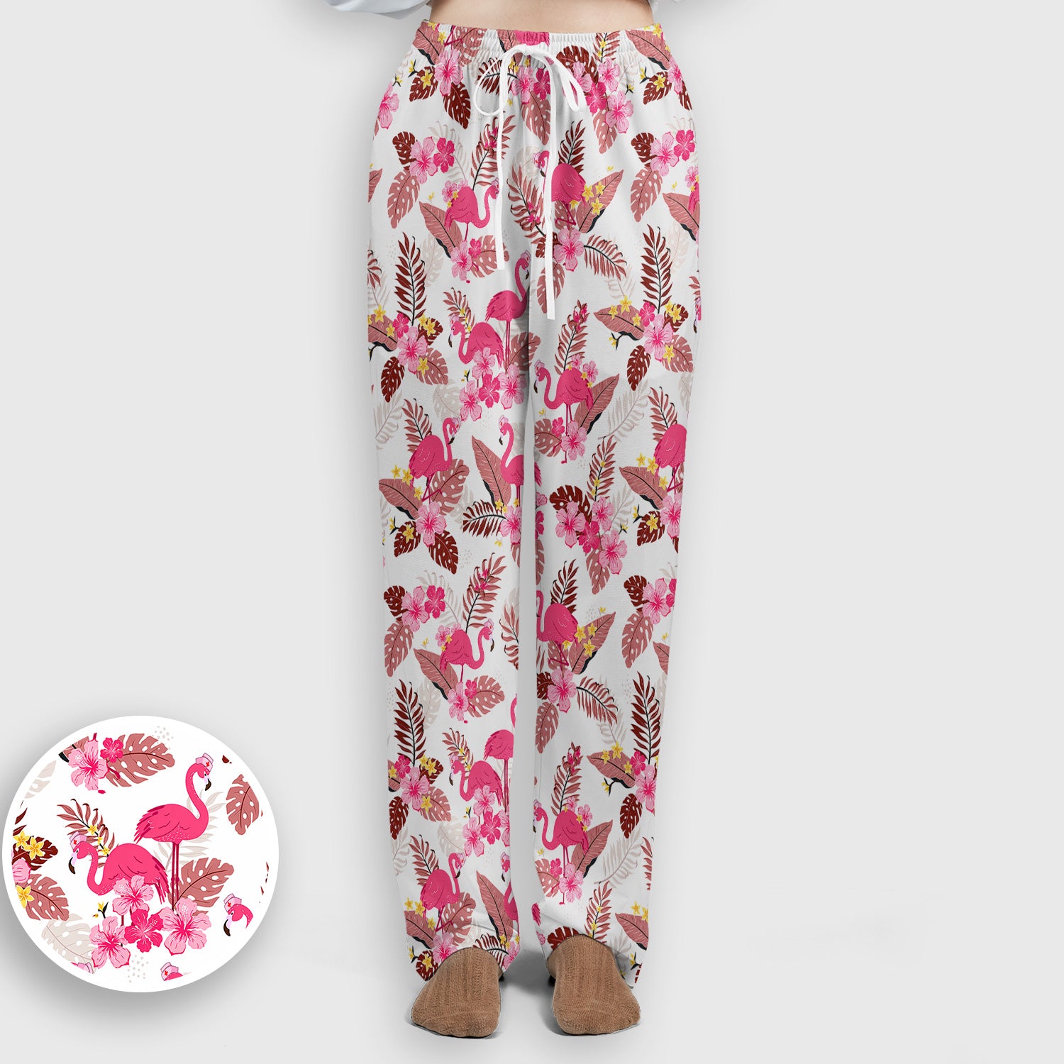 Pink Flamingo Tropical Floral Scrub Set, Scrub Pants and V Neck Top