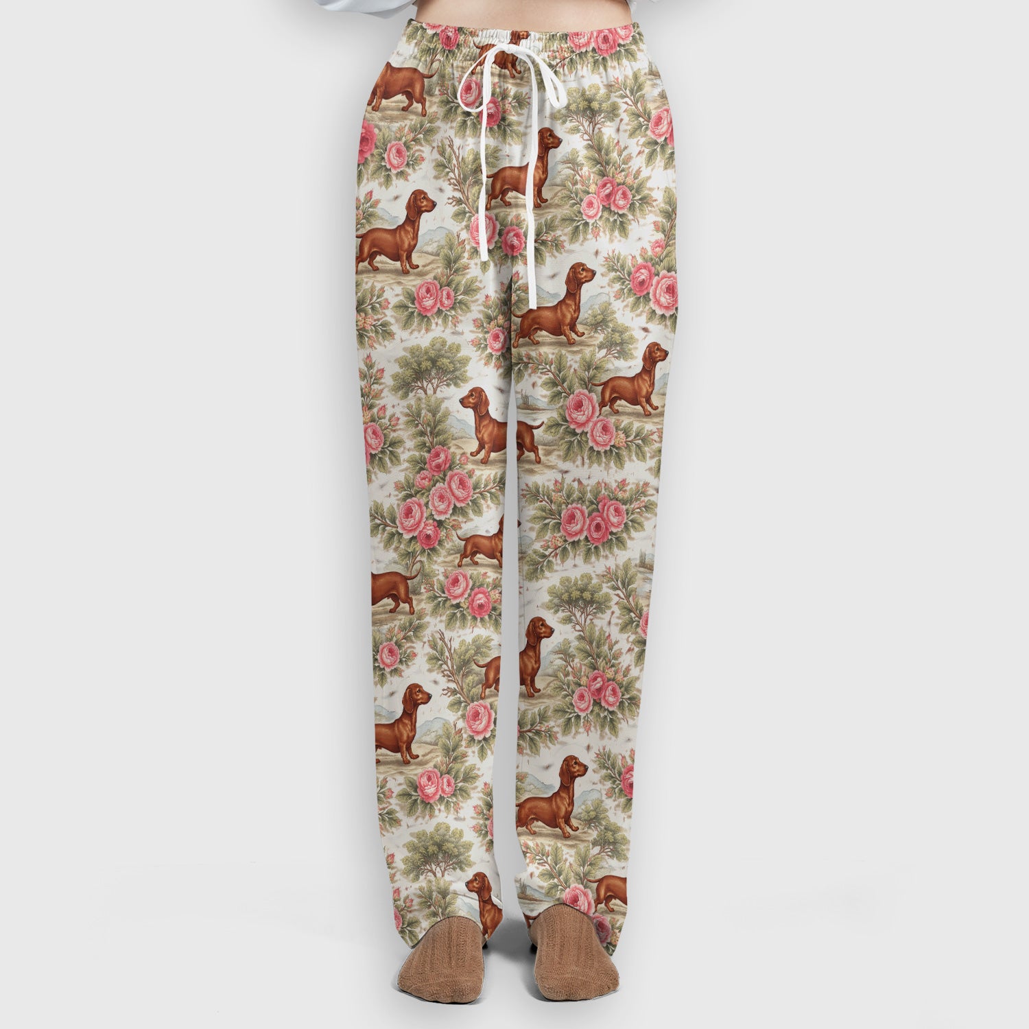 Vintage Dachshund Rose Floral Pattern Scrub Set, Scrub Pants and V Neck Top