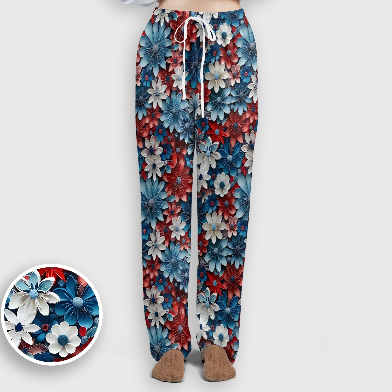 Patriotic 3D Floral Nurse for RN & CNA, Red Blue White Healthcare Workers Uniform Scrub Set, Scrub Pants and V Neck Top